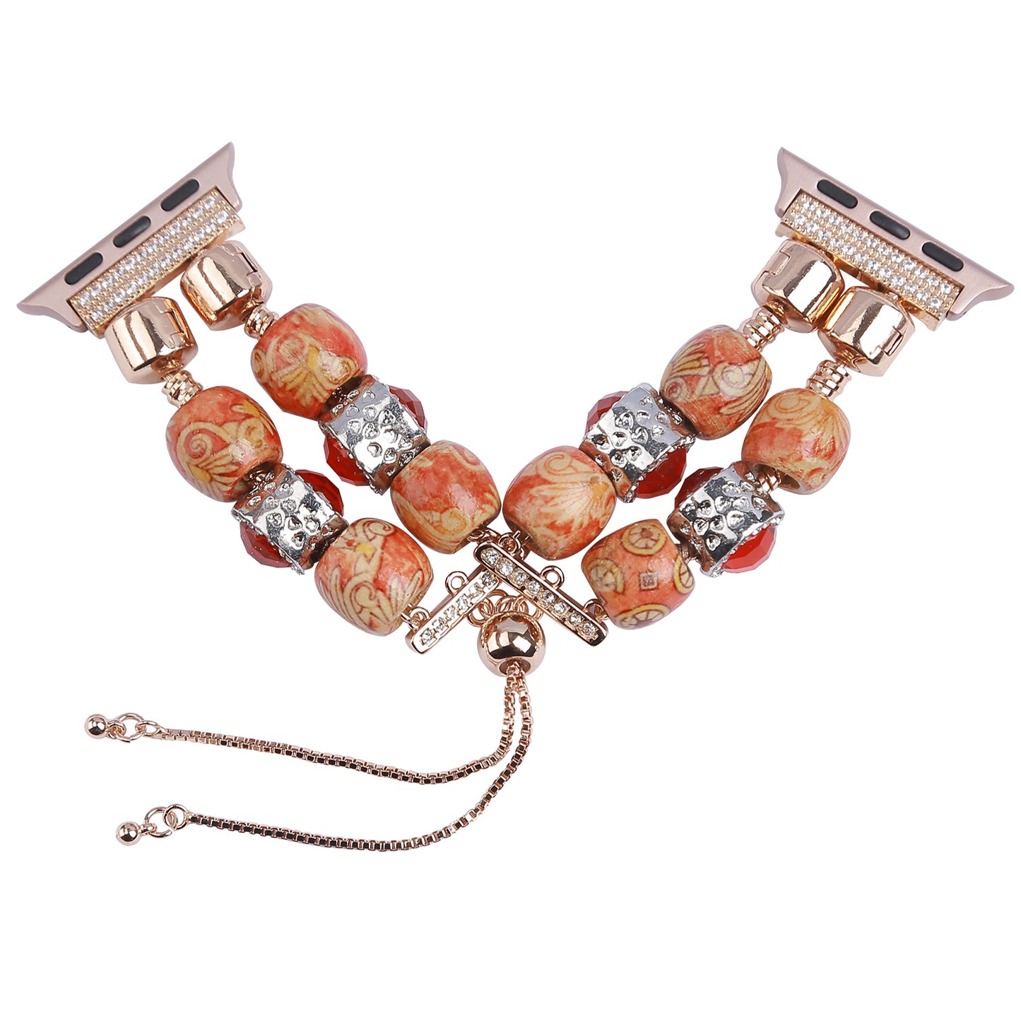 Stylish Style Metal+Wooden Beads Bracelet Smart Watch Band Replacement Watch Strap for Apple Watch Ultra 49mm / Series 8 45mm / 7 45mm / 6 / 5 / 4 / SE 44mm / SE (2022) 44mm / 3 / 2 / 1 42mm - Wood Color / Chain Dangle