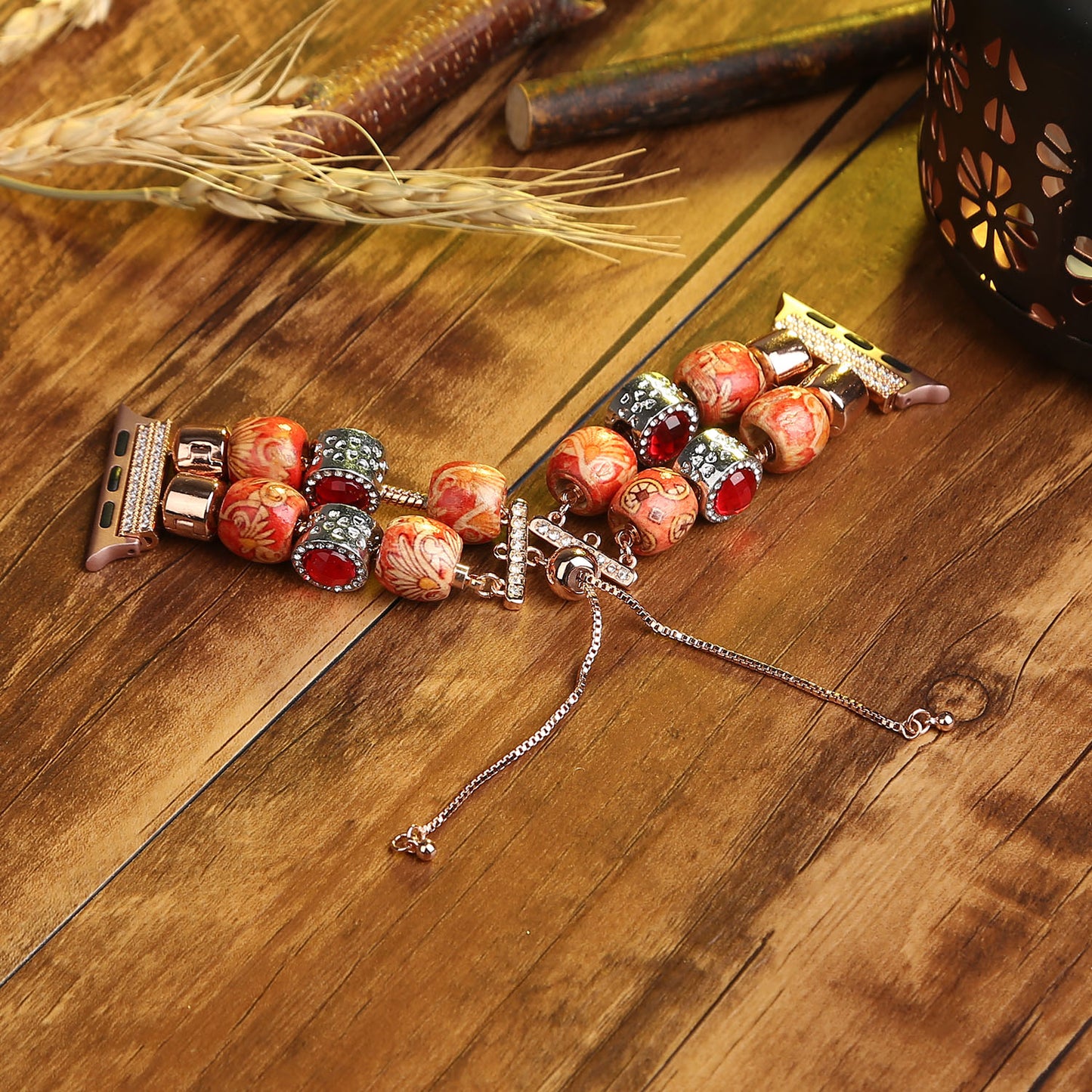 Stylish Style Metal+Wooden Beads Bracelet Smart Watch Band Replacement Watch Strap for Apple Watch Ultra 49mm / Series 8 45mm / 7 45mm / 6 / 5 / 4 / SE 44mm / SE (2022) 44mm / 3 / 2 / 1 42mm - Wood Color / Chain Dangle