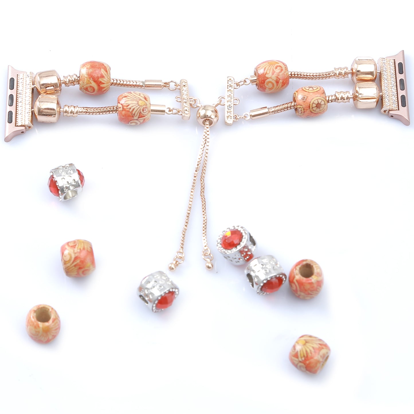 Stylish Style Metal+Wooden Beads Bracelet Smart Watch Band Replacement Watch Strap for Apple Watch Ultra 49mm / Series 8 45mm / 7 45mm / 6 / 5 / 4 / SE 44mm / SE (2022) 44mm / 3 / 2 / 1 42mm - Wood Color / Chain Dangle