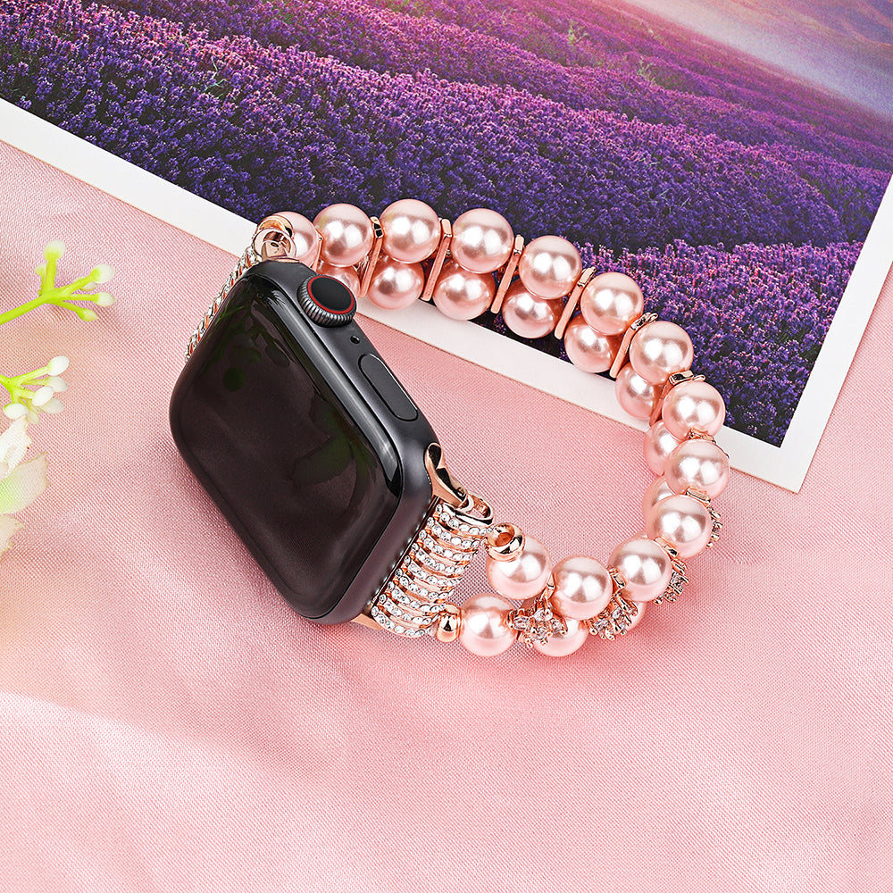 Faux Pearl Rhinestone Decor Wrist Strap Smart Watch Band Bracelet for Apple Watch Series 8 41mm / Series 7 41mm / Series 6 / 5 / 4 / SE / SE(2022) 40mm Series 3 / 2 / 1 38mm - Rose Gold