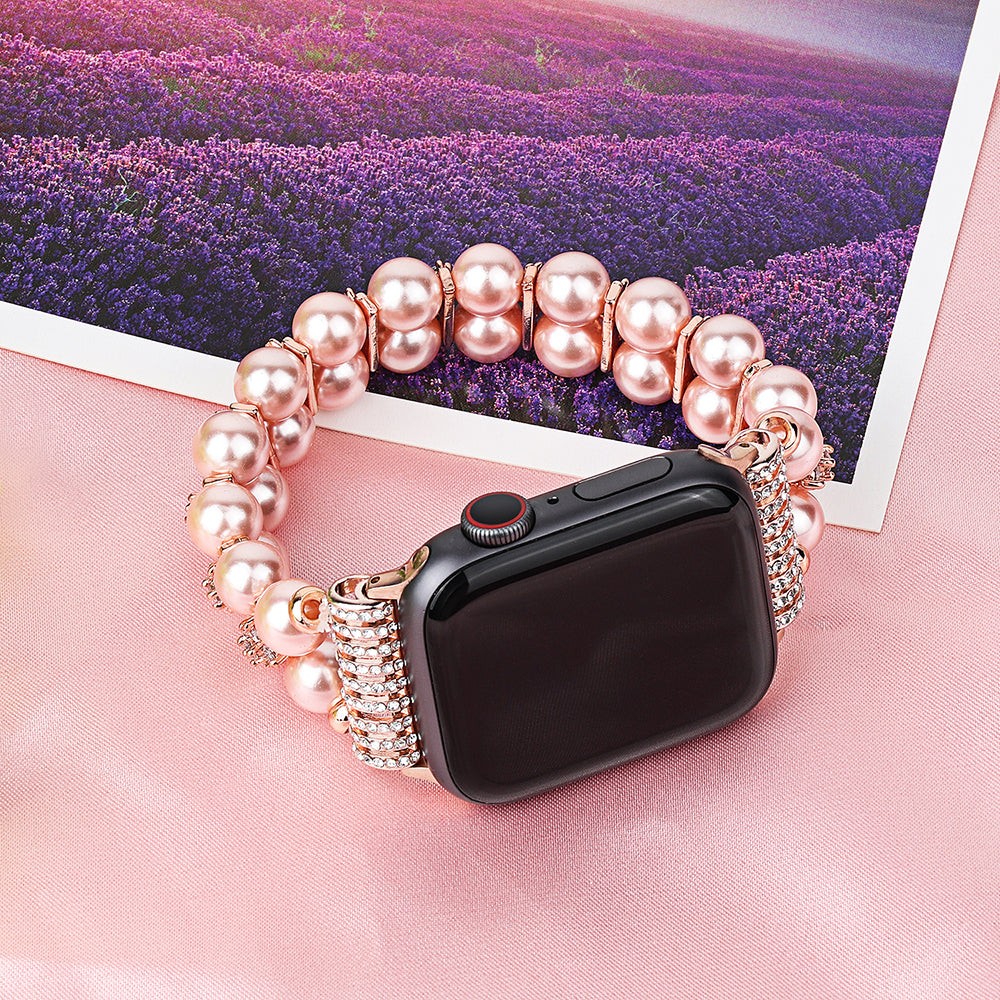 Faux Pearl Rhinestone Decor Wrist Strap Smart Watch Band Bracelet for Apple Watch Series 8 41mm / Series 7 41mm / Series 6 / 5 / 4 / SE / SE(2022) 40mm Series 3 / 2 / 1 38mm - Rose Gold