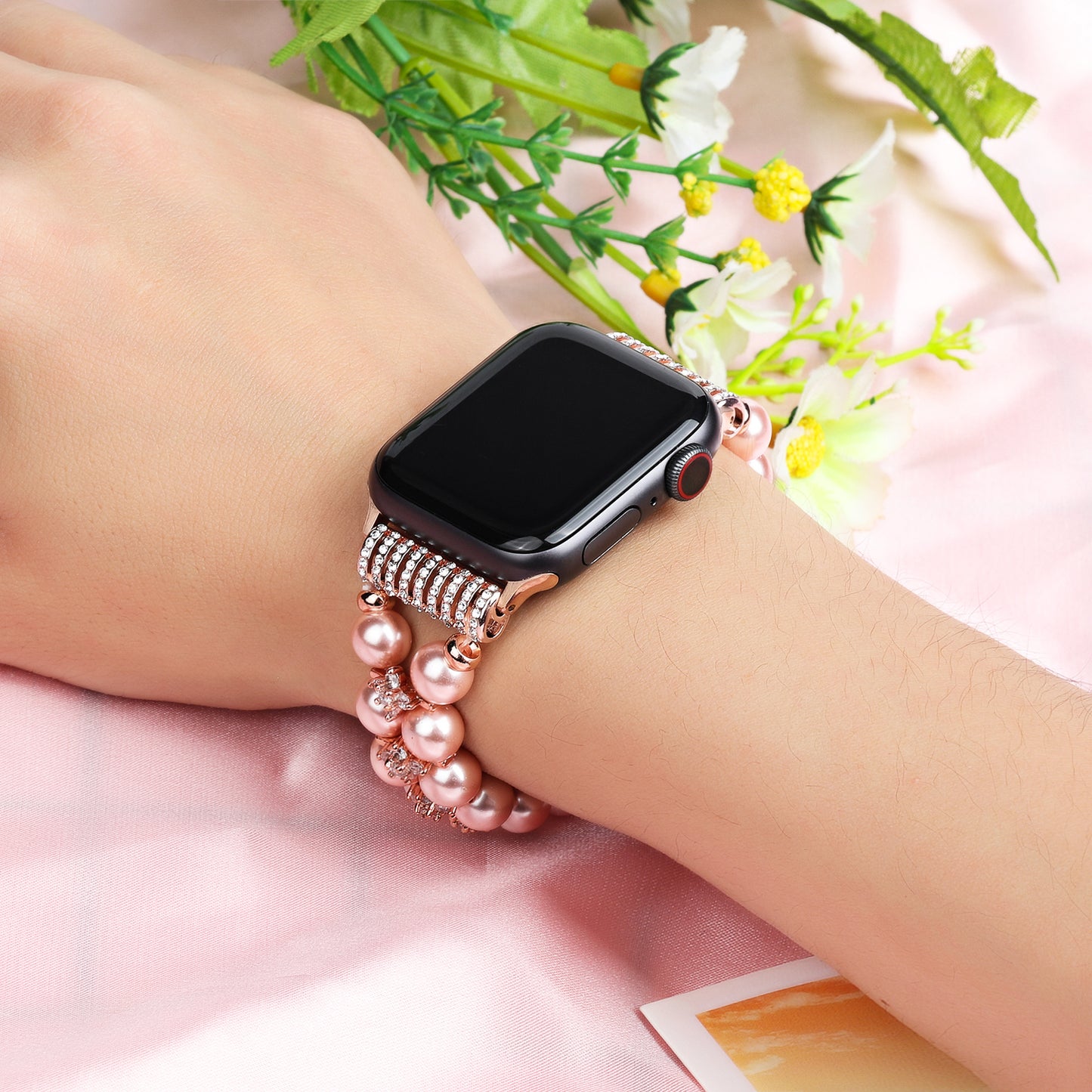 Faux Pearl Rhinestone Decor Wrist Strap Smart Watch Band Bracelet for Apple Watch Series 8 41mm / Series 7 41mm / Series 6 / 5 / 4 / SE / SE(2022) 40mm Series 3 / 2 / 1 38mm - Rose Gold