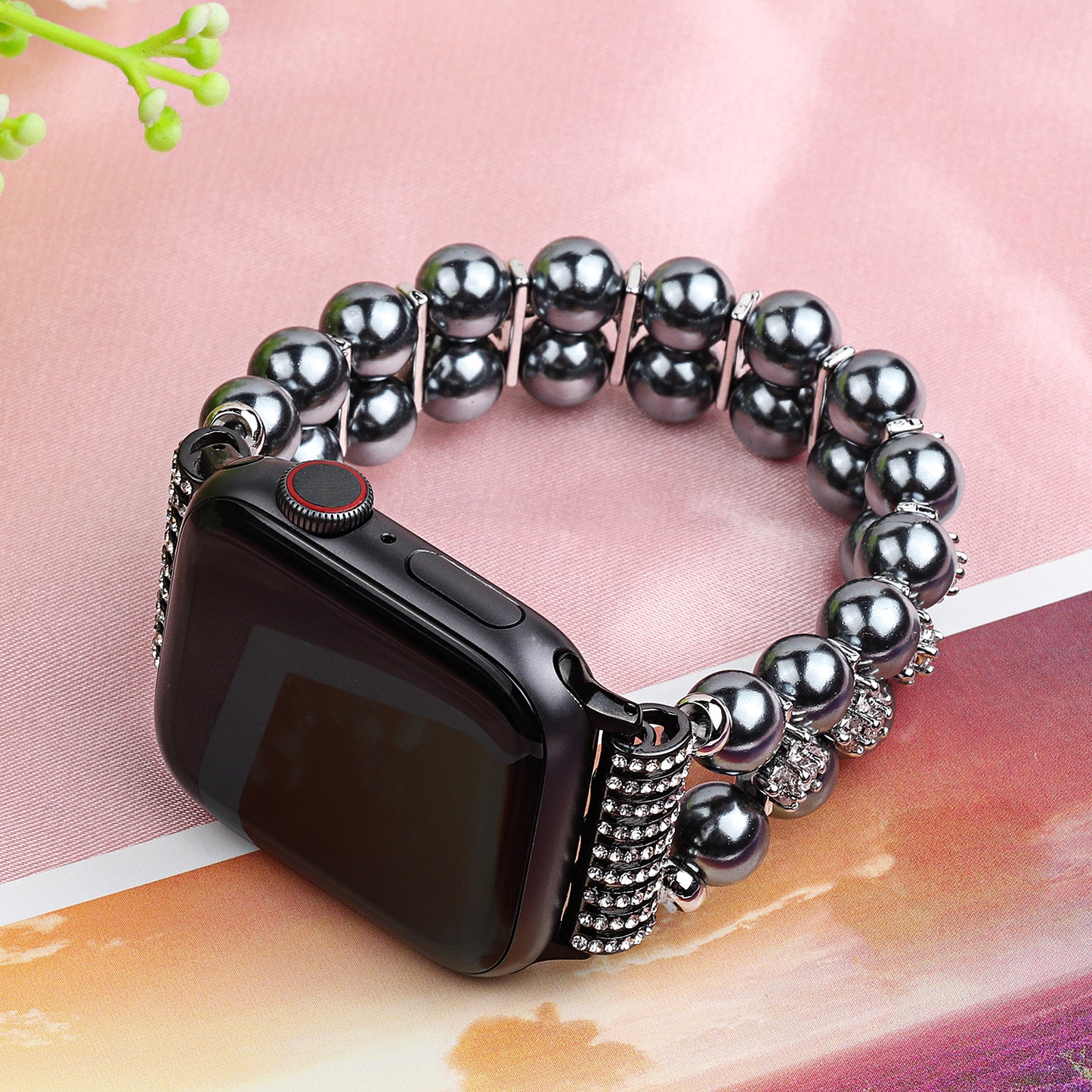 Faux Pearl Rhinestone Decor Wrist Strap Smart Watch Band Bracelet for Apple Watch Series 8 41mm / Series 7 41mm / Series 6 / 5 / 4 / SE / SE(2022) 40mm Series 3 / 2 / 1 38mm - Black