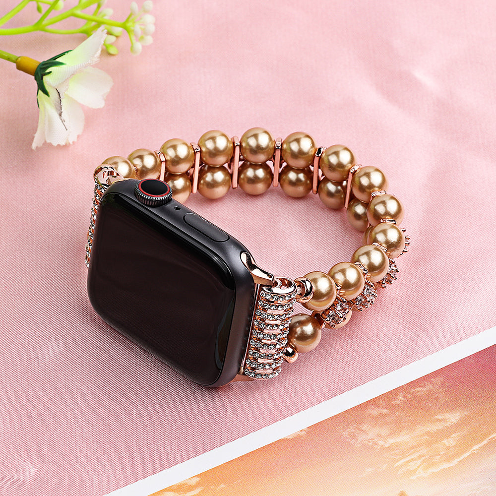 Faux Pearl Rhinestone Decor Wrist Strap Smart Watch Band Bracelet for Apple Watch Series 8 41mm / Series 7 41mm / Series 6 / 5 / 4 / SE / SE(2022) 40mm Series 3 / 2 / 1 38mm - Gold