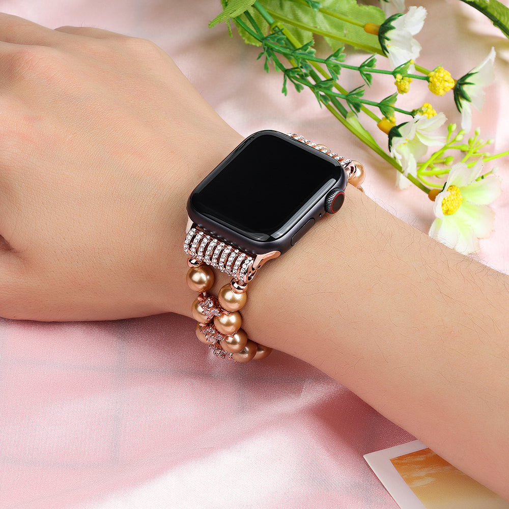 Faux Pearl Rhinestone Decor Wrist Strap Smart Watch Band Bracelet for Apple Watch Series 8 41mm / Series 7 41mm / Series 6 / 5 / 4 / SE / SE(2022) 40mm Series 3 / 2 / 1 38mm - Gold