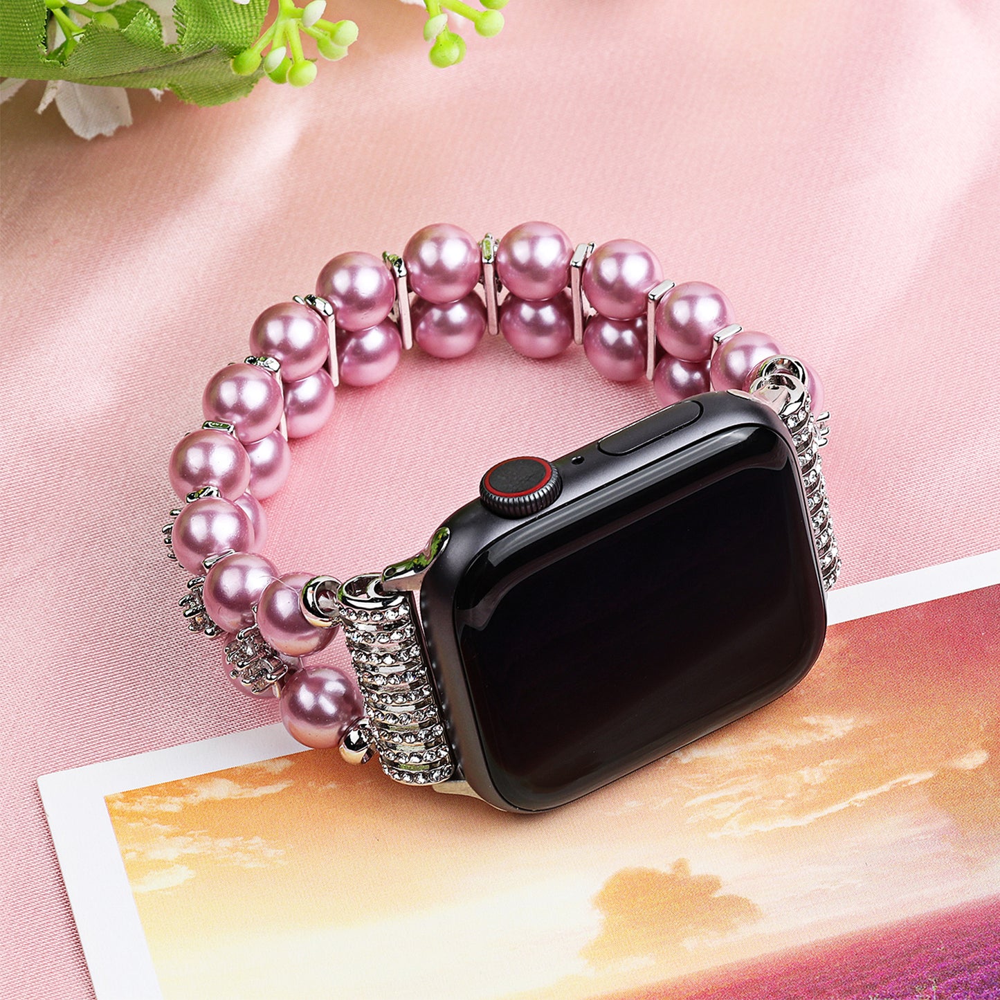 Faux Pearl Rhinestone Decor Wrist Strap Smart Watch Band Bracelet for Apple Watch Series 8 41mm / Series 7 41mm / Series 6 / 5 / 4 / SE / SE(2022) 40mm Series 3 / 2 / 1 38mm - Pink