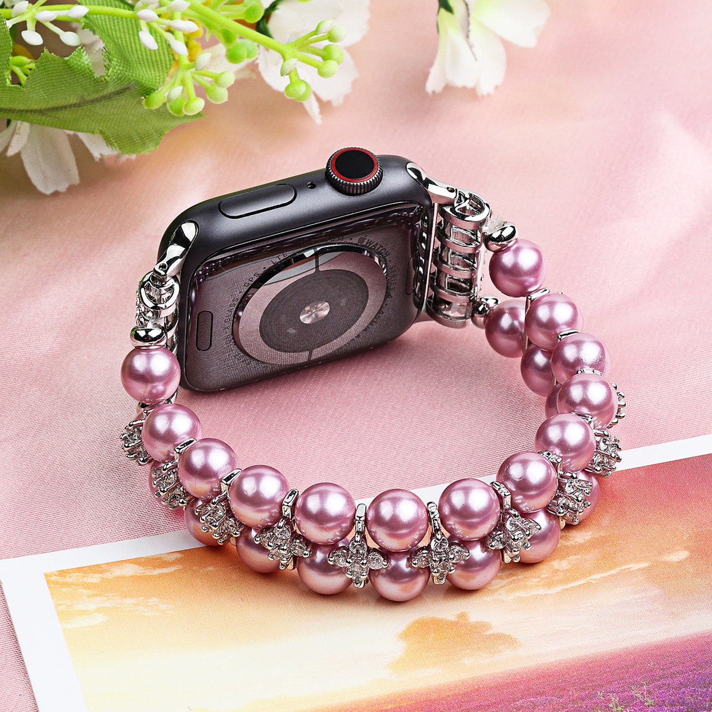 Faux Pearl Rhinestone Decor Wrist Strap Smart Watch Band Bracelet for Apple Watch Series 8 41mm / Series 7 41mm / Series 6 / 5 / 4 / SE / SE(2022) 40mm Series 3 / 2 / 1 38mm - Pink