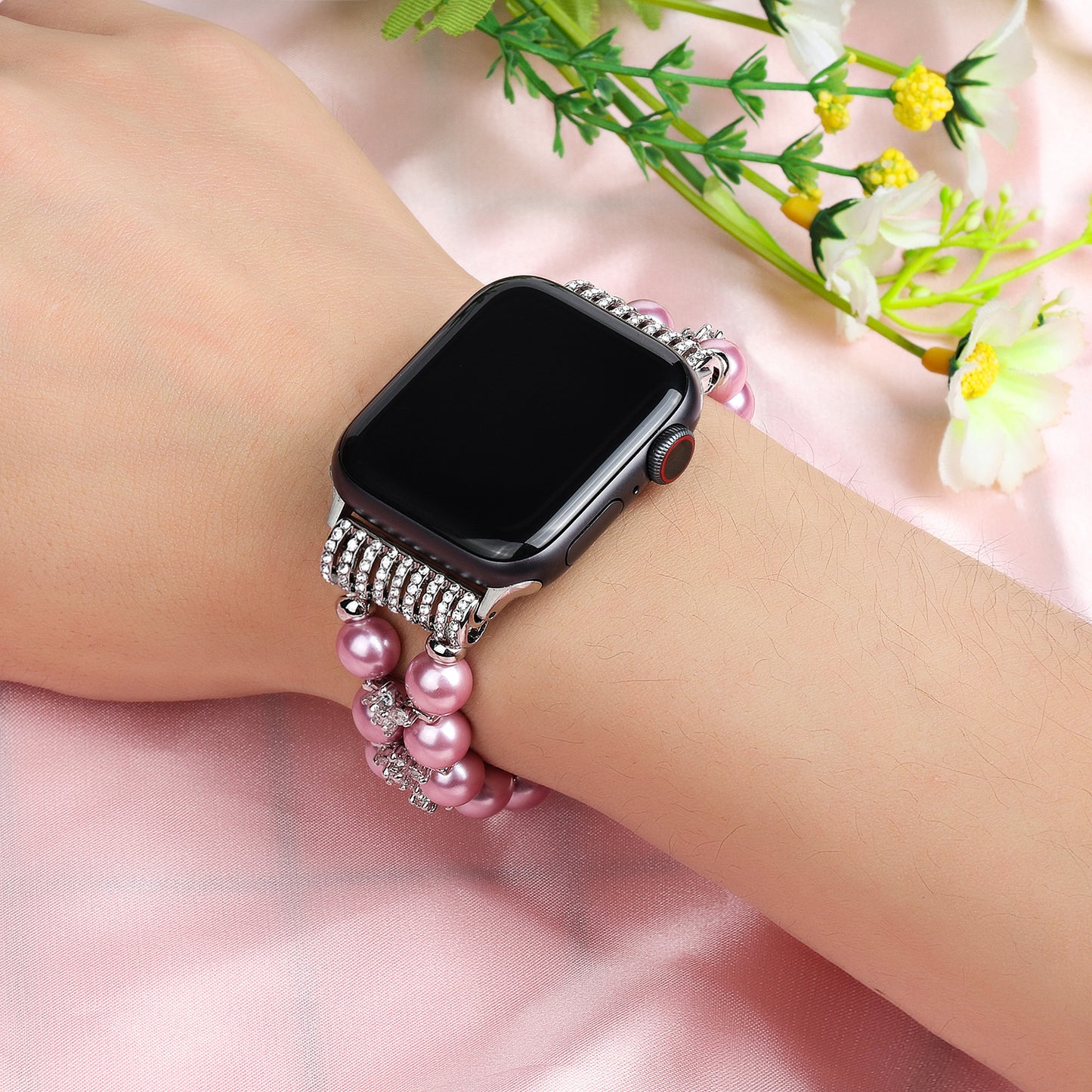 Faux Pearl Rhinestone Decor Wrist Strap Smart Watch Band Bracelet for Apple Watch Series 8 41mm / Series 7 41mm / Series 6 / 5 / 4 / SE / SE(2022) 40mm Series 3 / 2 / 1 38mm - Pink