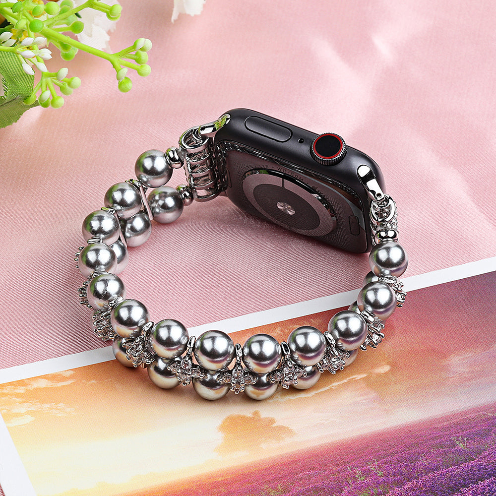 Faux Pearl Rhinestone Decor Wrist Strap Smart Watch Band Bracelet for Apple Watch Series 8 41mm / Series 7 41mm / Series 6 / 5 / 4 / SE / SE(2022) 40mm Series 3 / 2 / 1 38mm - Silver