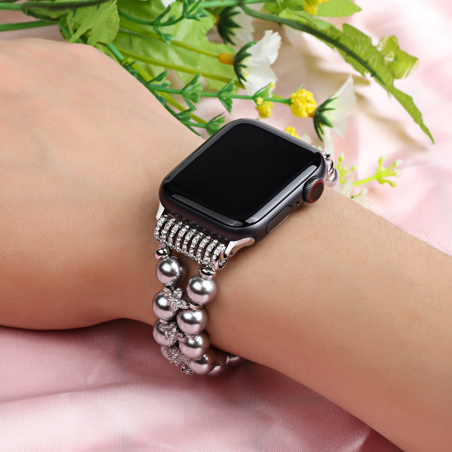 Faux Pearl Rhinestone Decor Wrist Strap Smart Watch Band Bracelet for Apple Watch Series 8 41mm / Series 7 41mm / Series 6 / 5 / 4 / SE / SE(2022) 40mm Series 3 / 2 / 1 38mm - Silver
