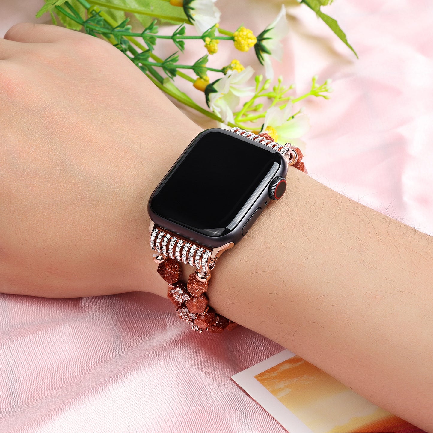 Faux Pearl Rhinestone Decor Wrist Strap Smart Watch Band Bracelet for Apple Watch Series 8 41mm / Series 7 41mm / Series 6 / 5 / 4 / SE / SE(2022) 40mm Series 3 / 2 / 1 38mm - Brown