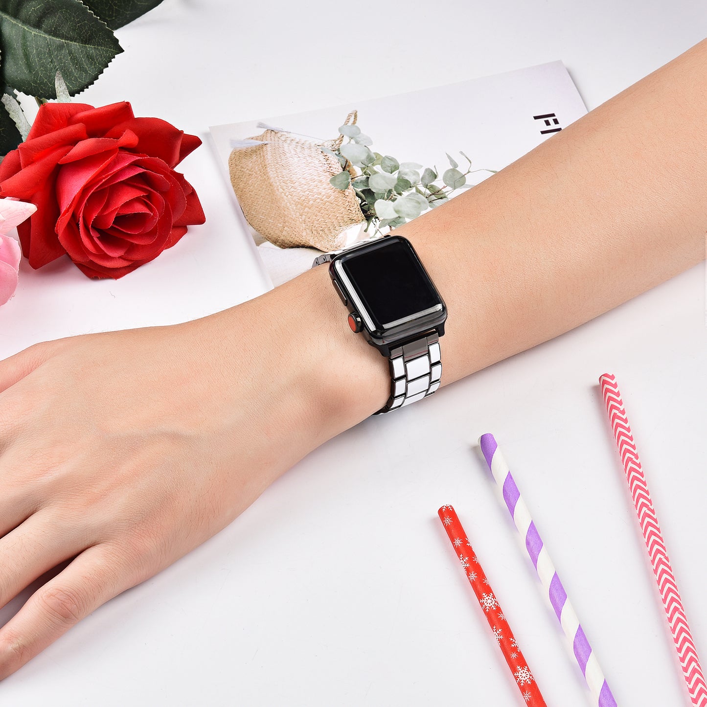 3 Beads Metal Epoxy Watch Strap Wristband Replacement for Apple Watch Ultra 49mm / Series 8 45mm / 7 45mm / Series 6 / 5 / 4 / SE 44mm / SE (2022) 44mm / Series 3 / 2 / 1 42mm - White / Grey