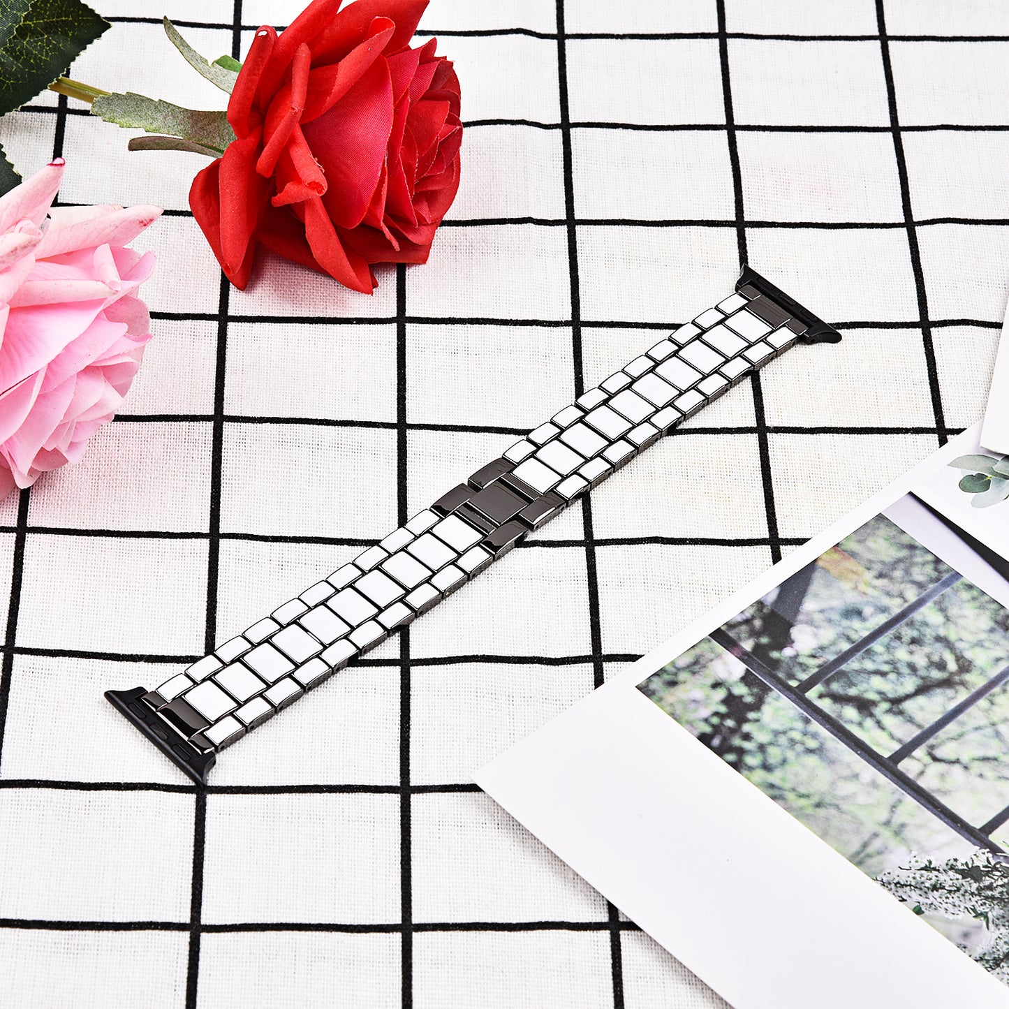3 Beads Metal Epoxy Watch Strap Wristband Replacement for Apple Watch Ultra 49mm / Series 8 45mm / 7 45mm / Series 6 / 5 / 4 / SE 44mm / SE (2022) 44mm / Series 3 / 2 / 1 42mm - White / Grey