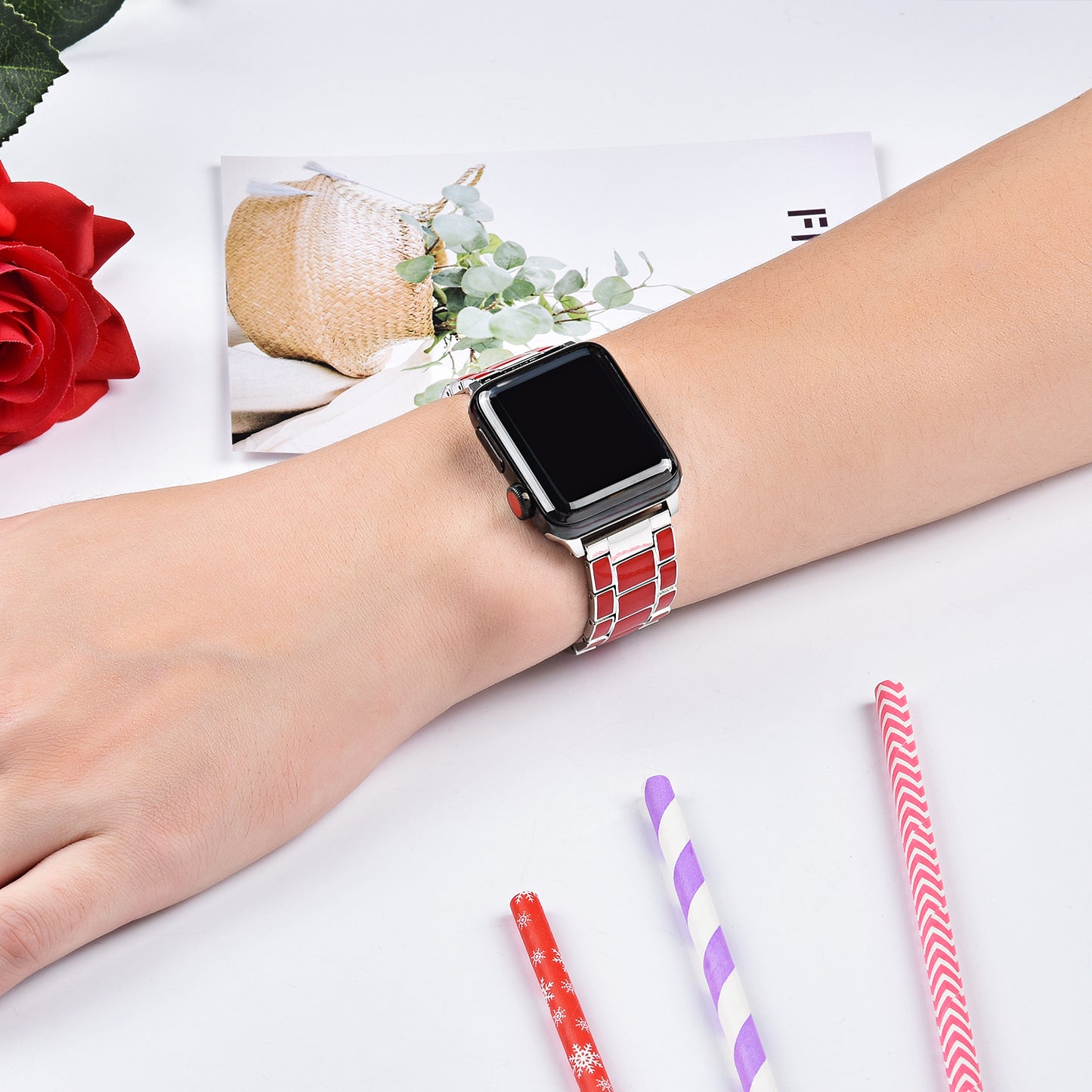 3 Beads Metal Epoxy Watch Strap Wristband Replacement for Apple Watch Ultra 49mm / Series 8 45mm / 7 45mm / Series 6 / 5 / 4 / SE 44mm / SE (2022) 44mm / Series 3 / 2 / 1 42mm - Red / Silver