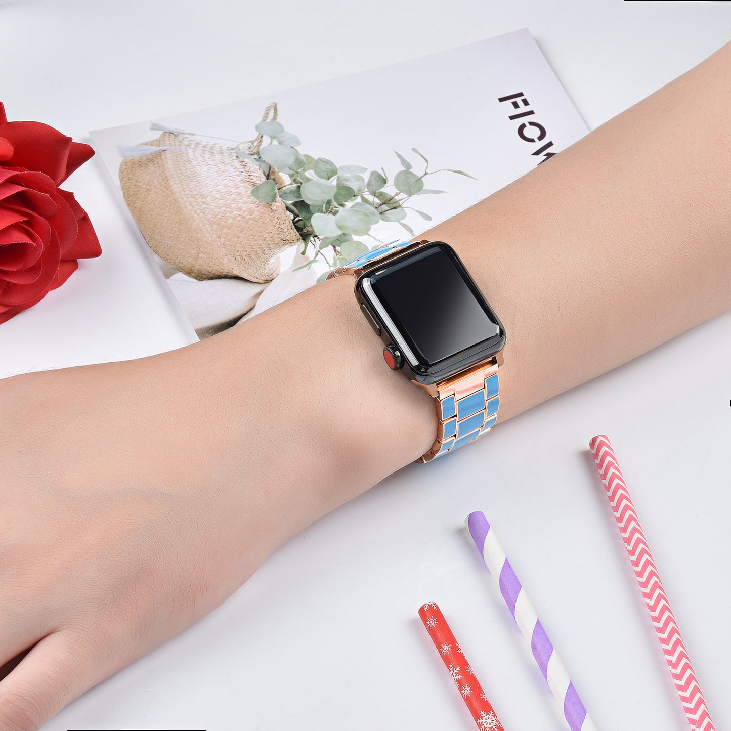 3 Beads Metal Epoxy Watch Strap Wristband Replacement for Apple Watch Ultra 49mm / Series 8 45mm / 7 45mm / Series 6 / 5 / 4 / SE 44mm / SE (2022) 44mm / Series 3 / 2 / 1 42mm - Blue / Gold