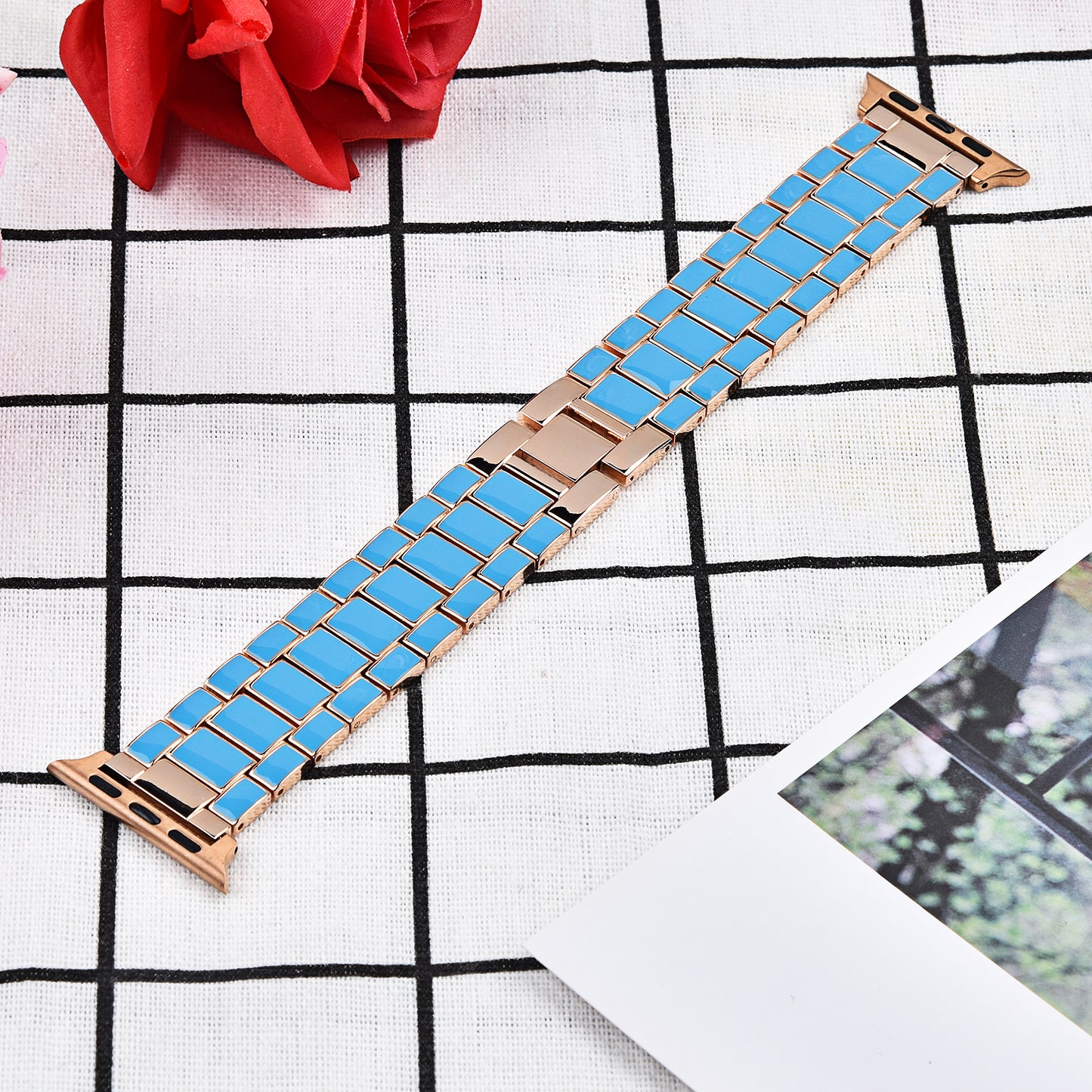 3 Beads Metal Epoxy Watch Strap Wristband Replacement for Apple Watch Ultra 49mm / Series 8 45mm / 7 45mm / Series 6 / 5 / 4 / SE 44mm / SE (2022) 44mm / Series 3 / 2 / 1 42mm - Blue / Gold
