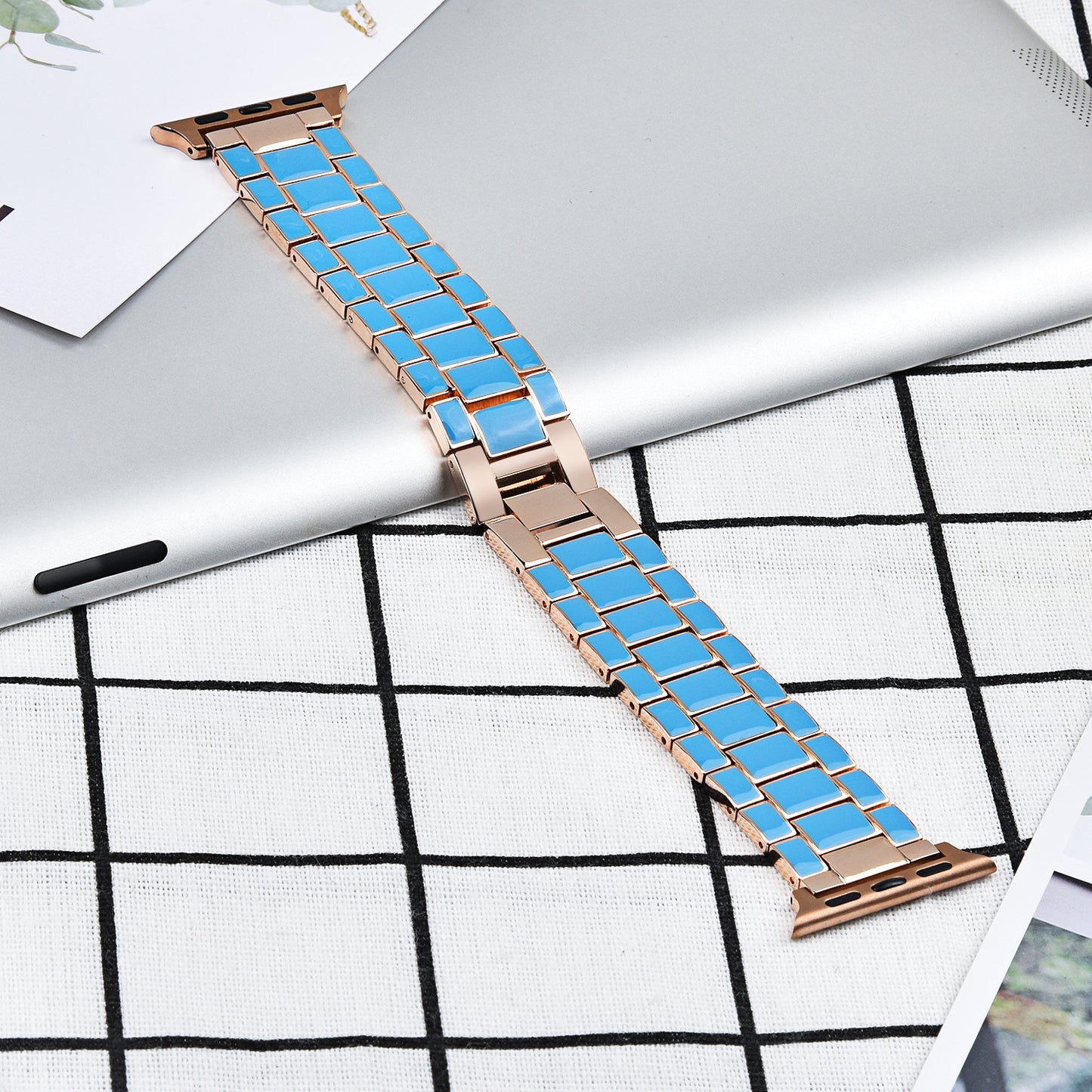 3 Beads Metal Epoxy Watch Strap Wristband Replacement for Apple Watch Ultra 49mm / Series 8 45mm / 7 45mm / Series 6 / 5 / 4 / SE 44mm / SE (2022) 44mm / Series 3 / 2 / 1 42mm - Blue / Gold