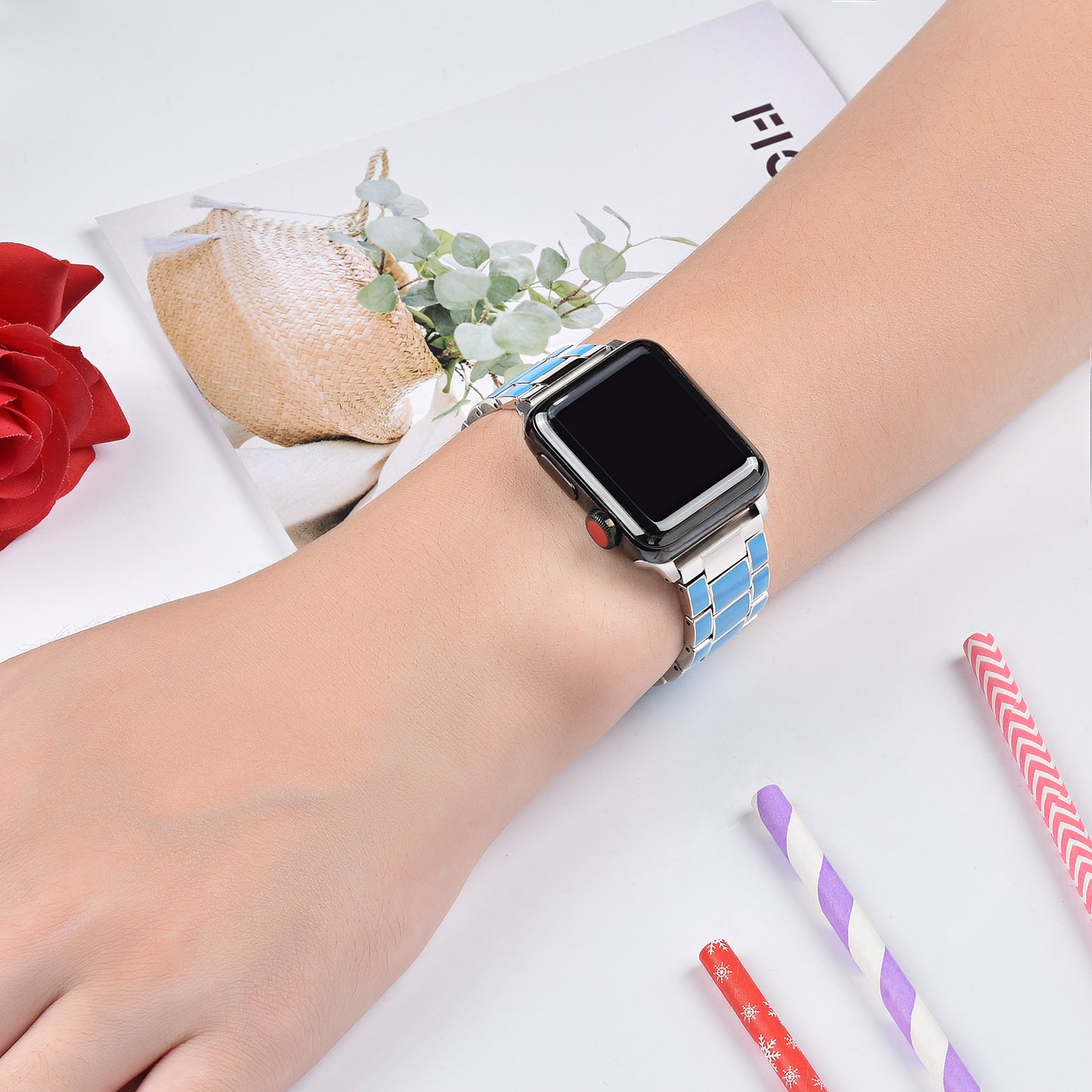 3 Beads Metal Epoxy Watch Strap Wristband Replacement for Apple Watch Ultra 49mm / Series 8 45mm / 7 45mm / Series 6 / 5 / 4 / SE 44mm / SE (2022) 44mm / Series 3 / 2 / 1 42mm - Blue / Silver