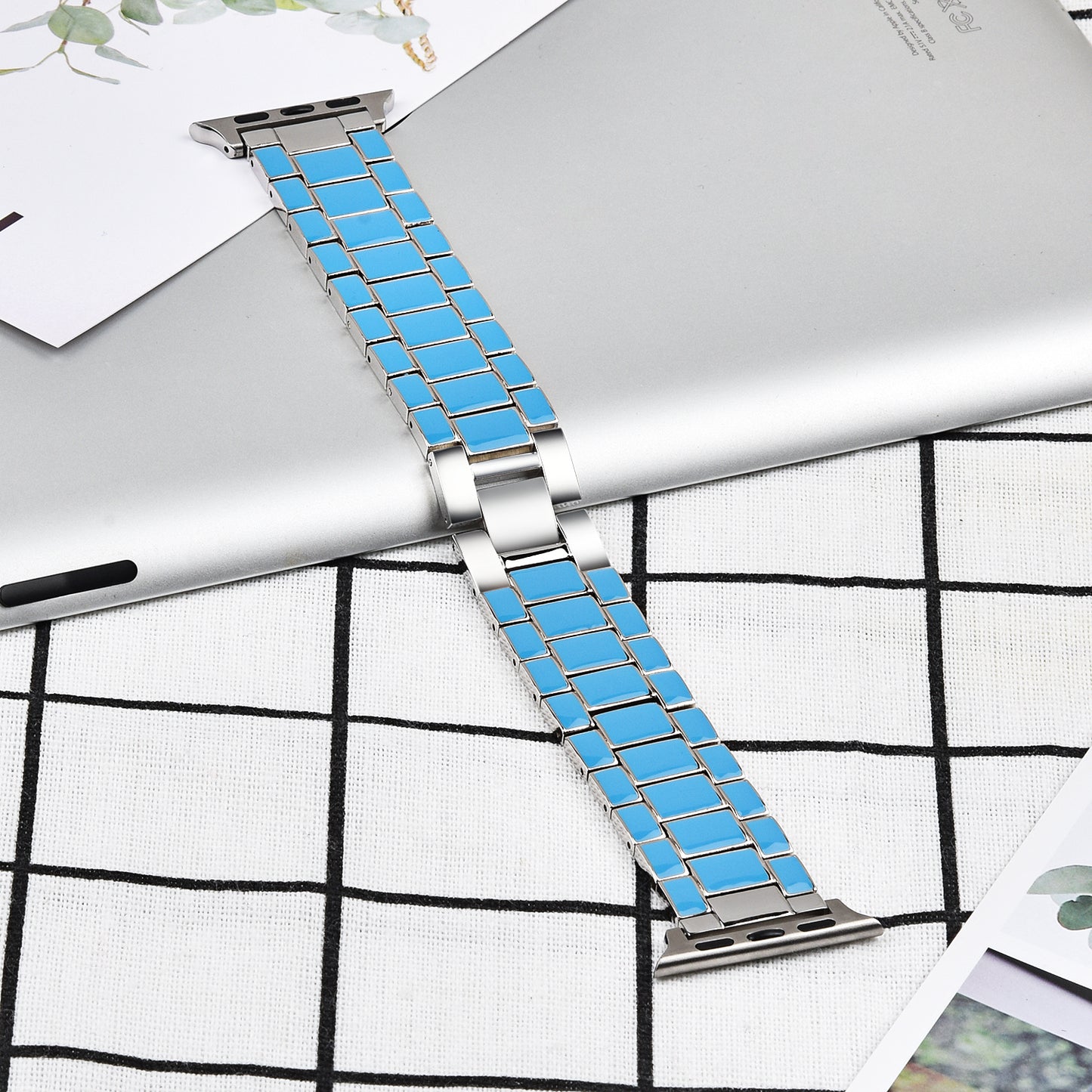 3 Beads Metal Epoxy Watch Strap Wristband Replacement for Apple Watch Ultra 49mm / Series 8 45mm / 7 45mm / Series 6 / 5 / 4 / SE 44mm / SE (2022) 44mm / Series 3 / 2 / 1 42mm - Blue / Silver