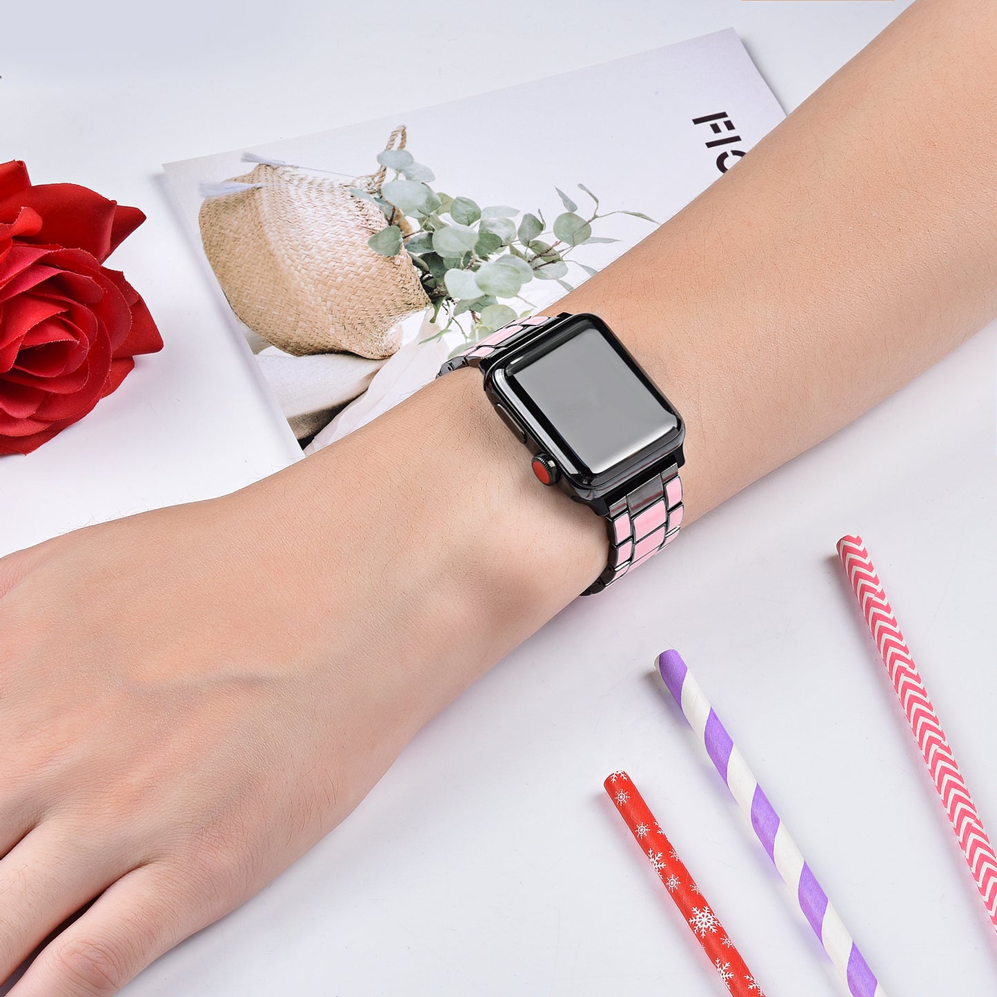 3 Beads Metal Smart Watch Band Epoxy Wrist Strap Replacement for Apple Watch Series 8 41mm / Series 7 41mm / Series 6 / 5 / 4 / SE / SE(2022) 40mm Series 3 / 2 / 1 38mm - Pink / Grey