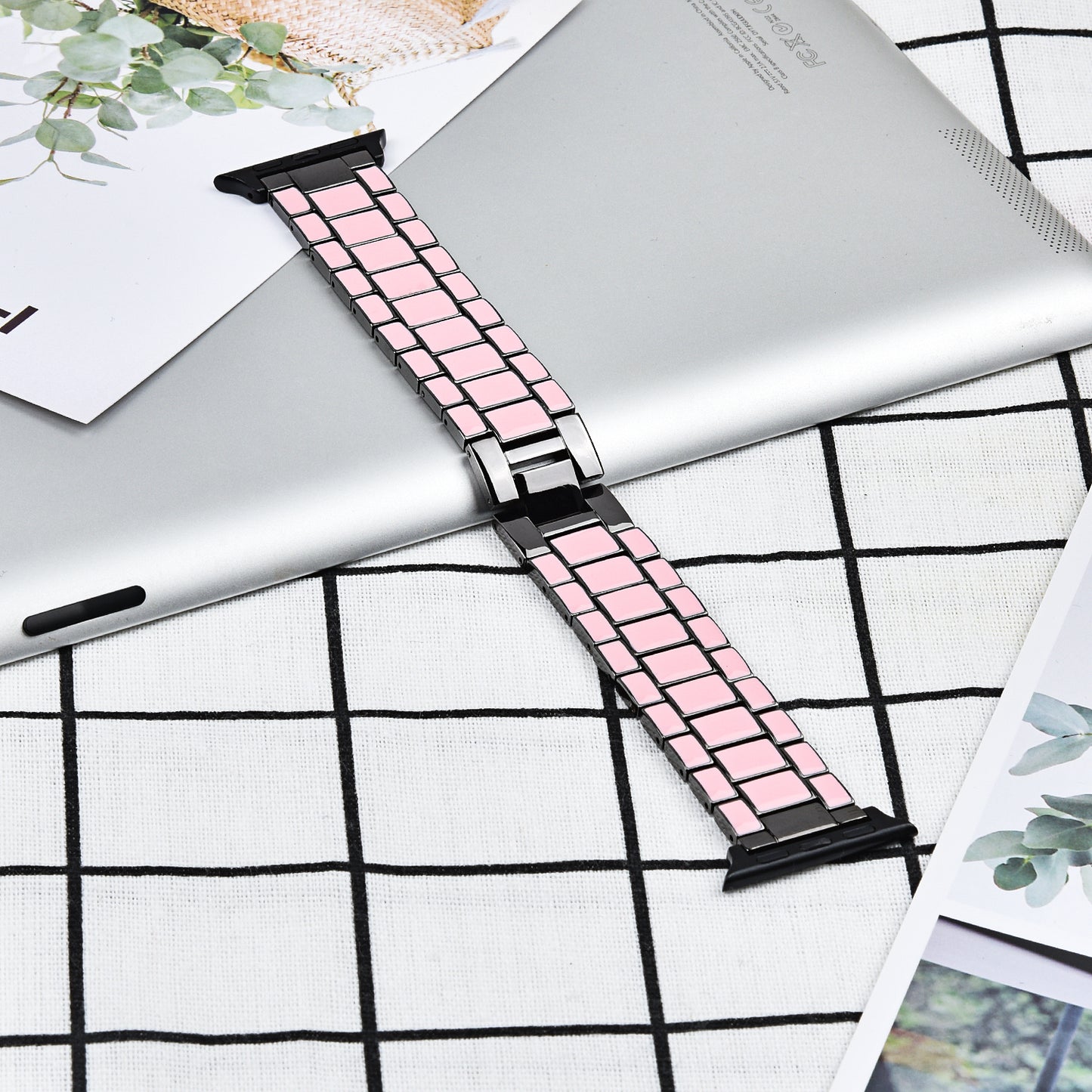 3 Beads Metal Smart Watch Band Epoxy Wrist Strap Replacement for Apple Watch Series 8 41mm / Series 7 41mm / Series 6 / 5 / 4 / SE / SE(2022) 40mm Series 3 / 2 / 1 38mm - Pink / Grey