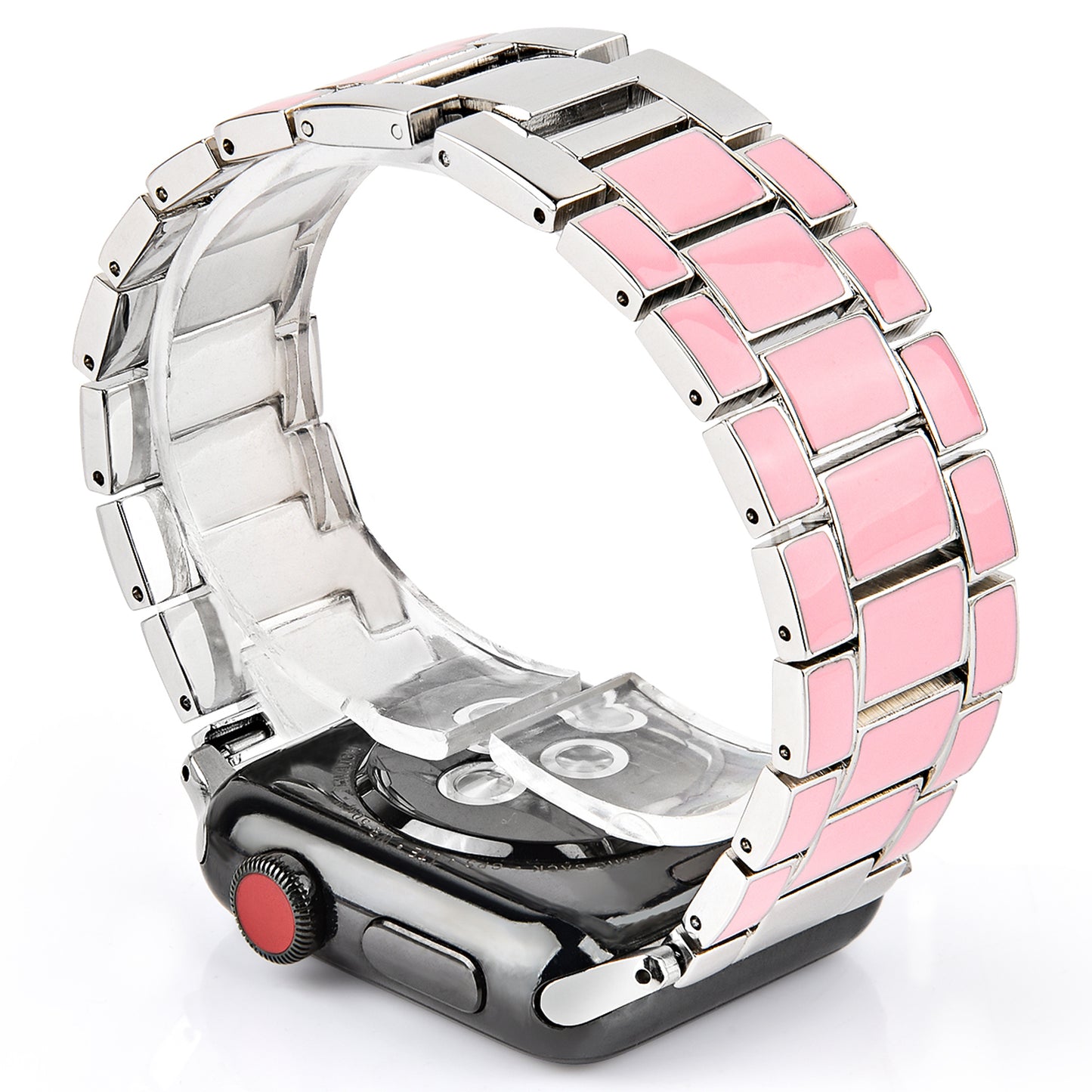 3 Beads Metal Smart Watch Band Epoxy Wrist Strap Replacement for Apple Watch Series 8 41mm / Series 7 41mm / Series 6 / 5 / 4 / SE / SE(2022) 40mm Series 3 / 2 / 1 38mm - Pink / Silver