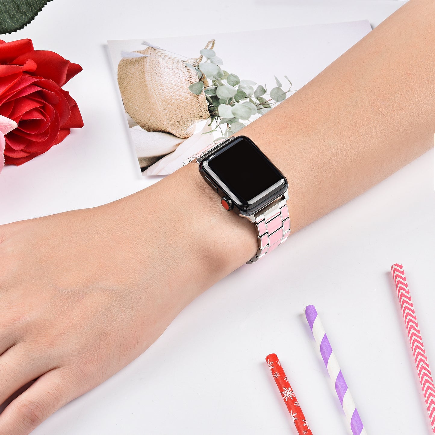 3 Beads Metal Smart Watch Band Epoxy Wrist Strap Replacement for Apple Watch Series 8 41mm / Series 7 41mm / Series 6 / 5 / 4 / SE / SE(2022) 40mm Series 3 / 2 / 1 38mm - Pink / Silver