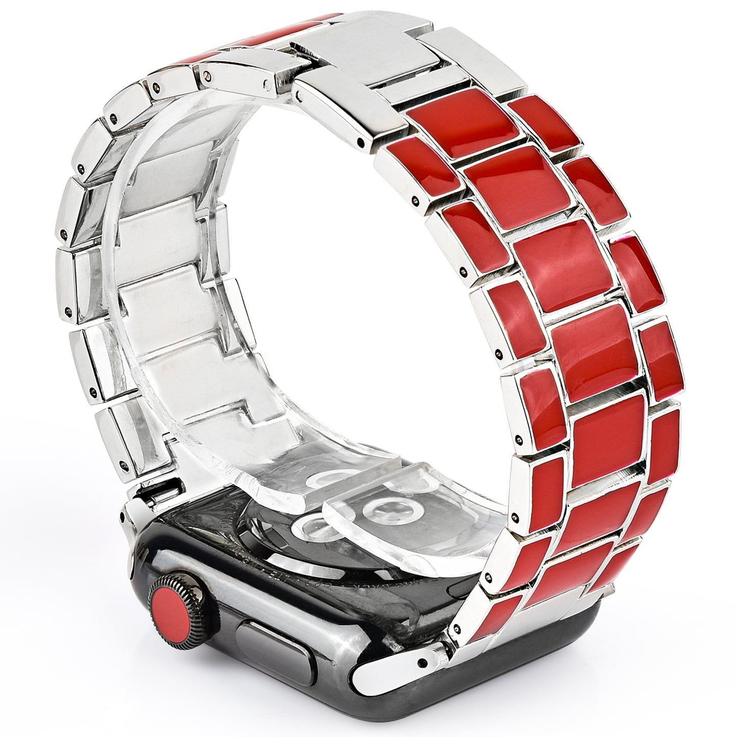 3 Beads Metal Smart Watch Band Epoxy Wrist Strap Replacement for Apple Watch Series 8 41mm / Series 7 41mm / Series 6 / 5 / 4 / SE / SE(2022) 40mm Series 3 / 2 / 1 38mm - Red / Silver