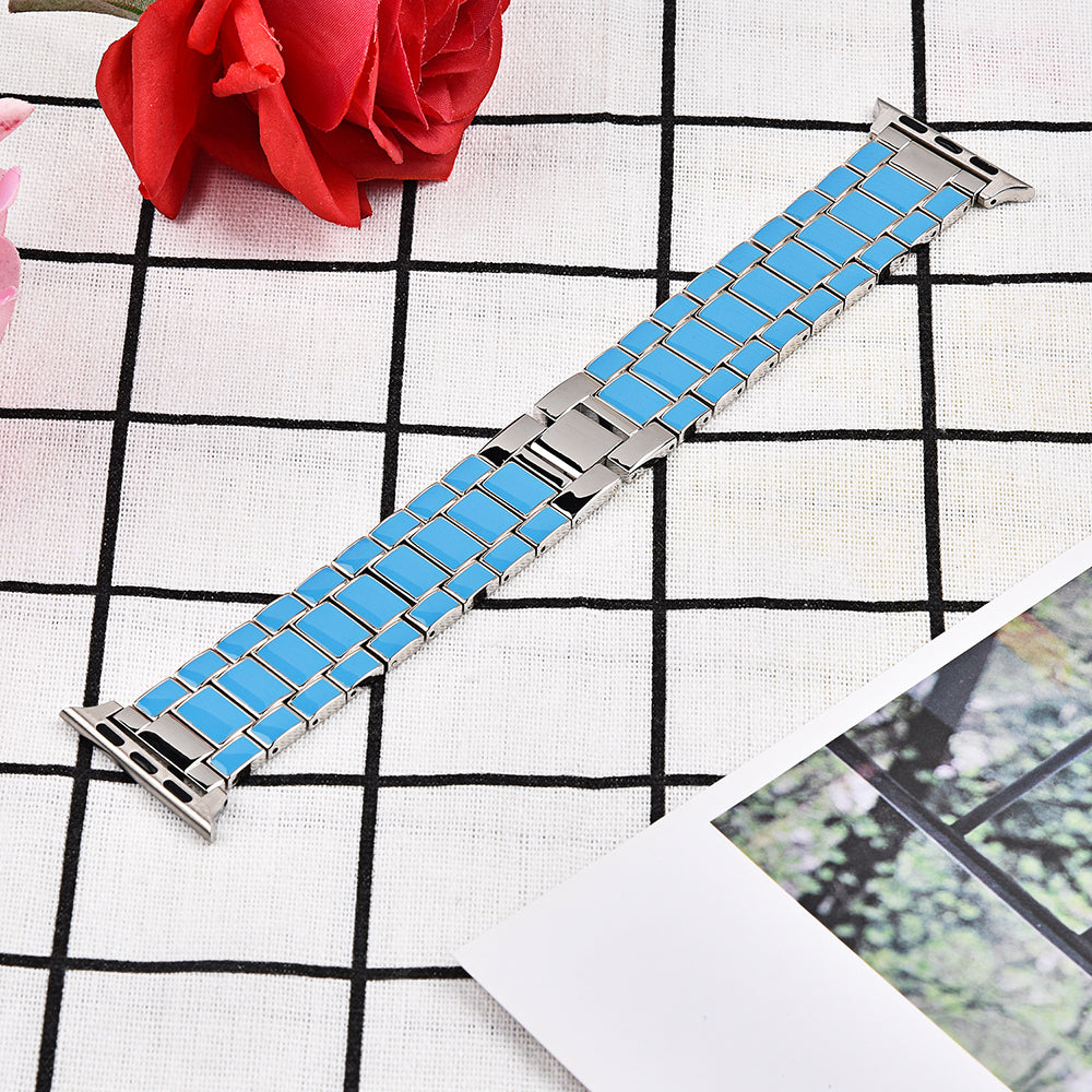 3 Beads Metal Smart Watch Band Epoxy Wrist Strap Replacement for Apple Watch Series 8 41mm / Series 7 41mm / Series 6 / 5 / 4 / SE / SE(2022) 40mm Series 3 / 2 / 1 38mm - Blue / Silver
