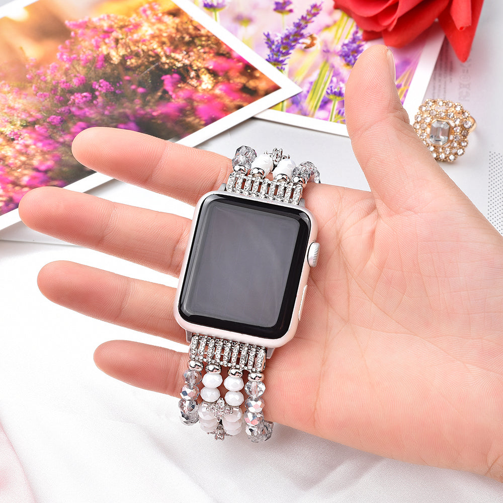 Exquisite Crystal Pearls Bracelet Watch Band for Apple Watch Ultra 49mm / Series 8 45mm / 7 45mm / SE 44mm / SE (2022) 44mm / Series 6 / 5 / 4 44mm / Series 3 / 2 / 1 42mm - Crystal White