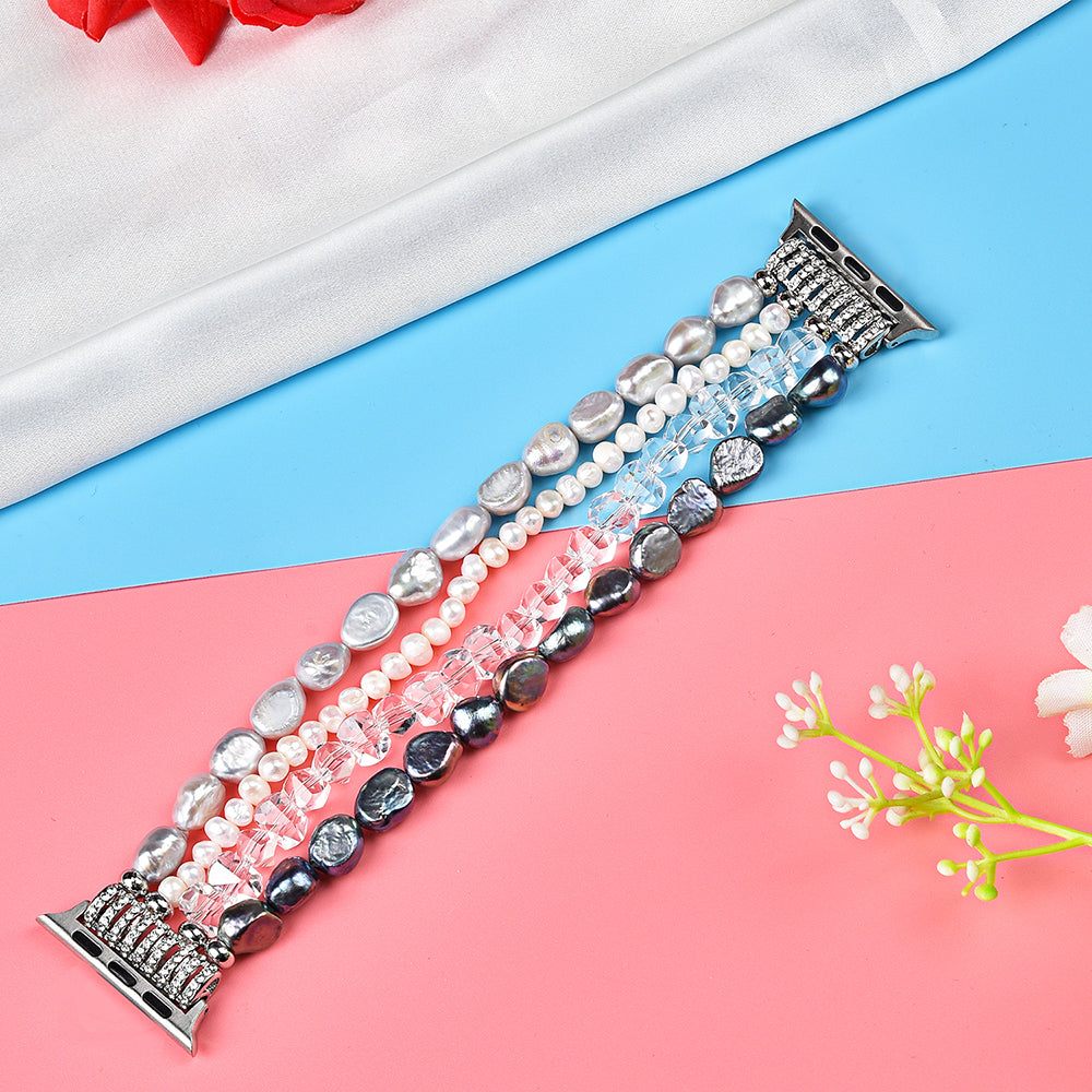Exquisite Crystal Pearls Bracelet Watch Band for Apple Watch Ultra 49mm / Series 8 45mm / 7 45mm / SE 44mm / SE (2022) 44mm / Series 6 / 5 / 4 44mm / Series 3 / 2 / 1 42mm - Pearl / White Crystal