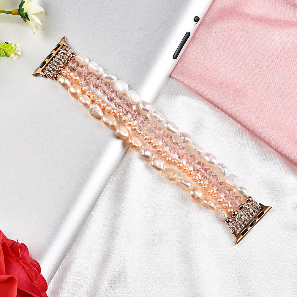 Exquisite Crystal Pearls Bracelet Watch Band for Apple Watch Ultra 49mm / Series 8 45mm / 7 45mm / SE 44mm / SE (2022) 44mm / Series 6 / 5 / 4 44mm / Series 3 / 2 / 1 42mm - Pearl / Pink Crystal