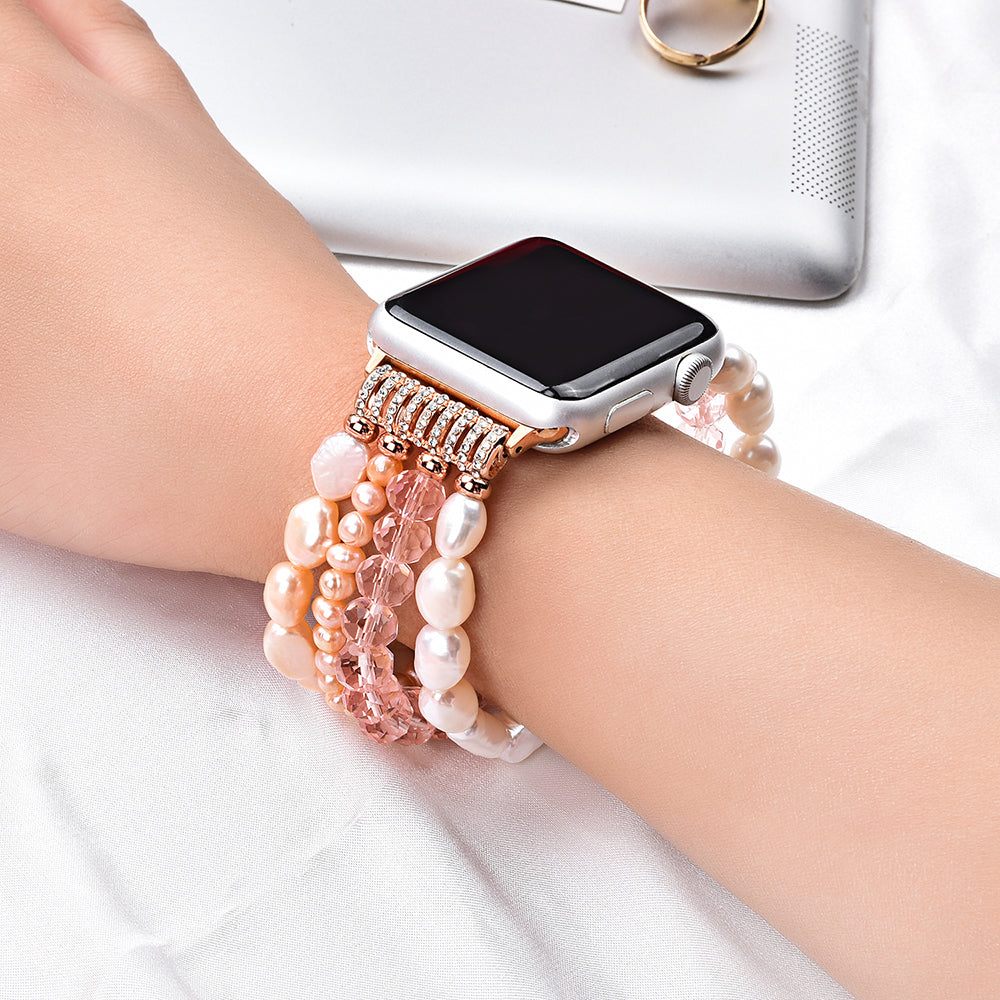 Exquisite Crystal Pearls Bracelet Watch Band for Apple Watch Ultra 49mm / Series 8 45mm / 7 45mm / SE 44mm / SE (2022) 44mm / Series 6 / 5 / 4 44mm / Series 3 / 2 / 1 42mm - Pearl / Pink Crystal