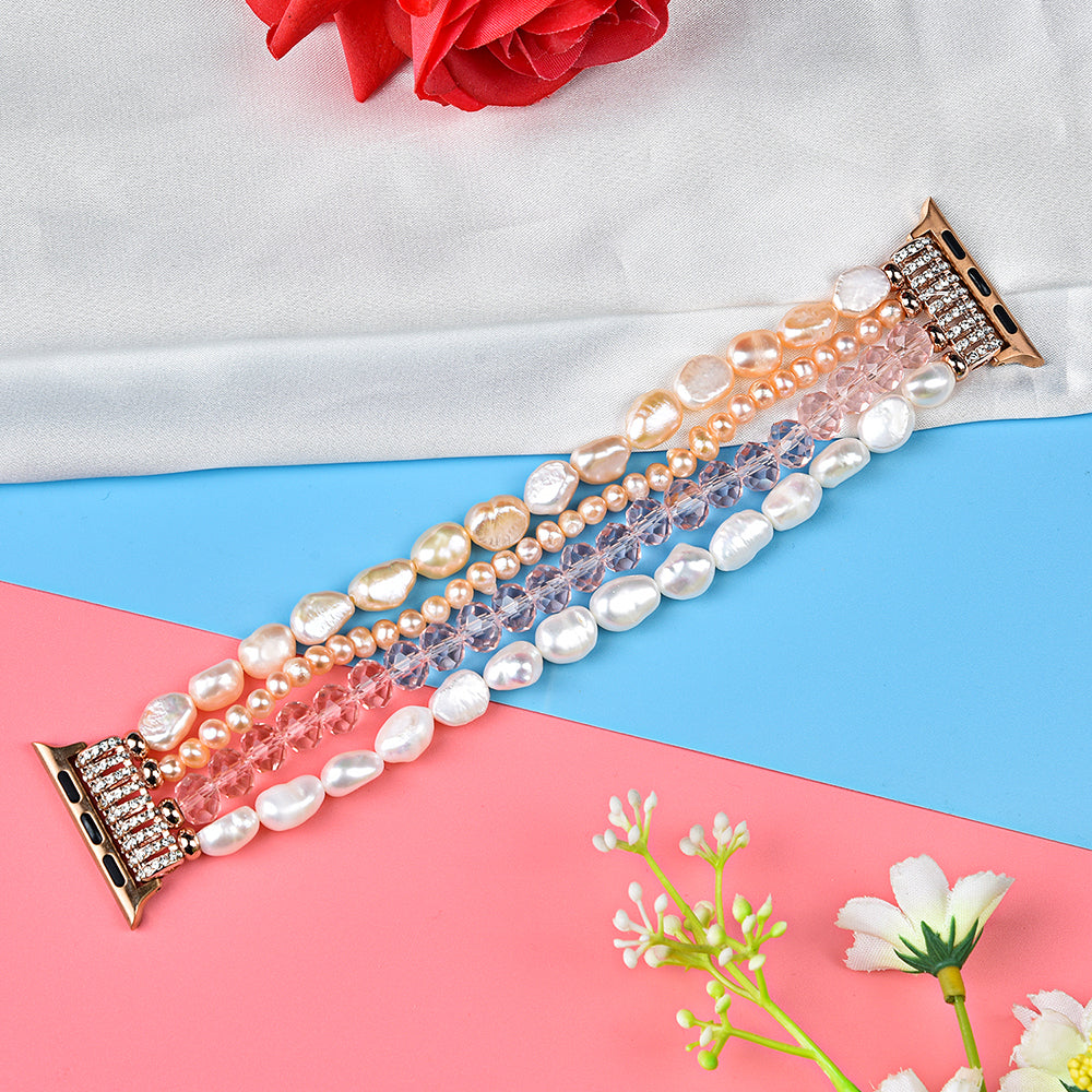Exquisite Crystal Pearls Bracelet Watch Band for Apple Watch Ultra 49mm / Series 8 45mm / 7 45mm / SE 44mm / SE (2022) 44mm / Series 6 / 5 / 4 44mm / Series 3 / 2 / 1 42mm - Pearl / Pink Crystal