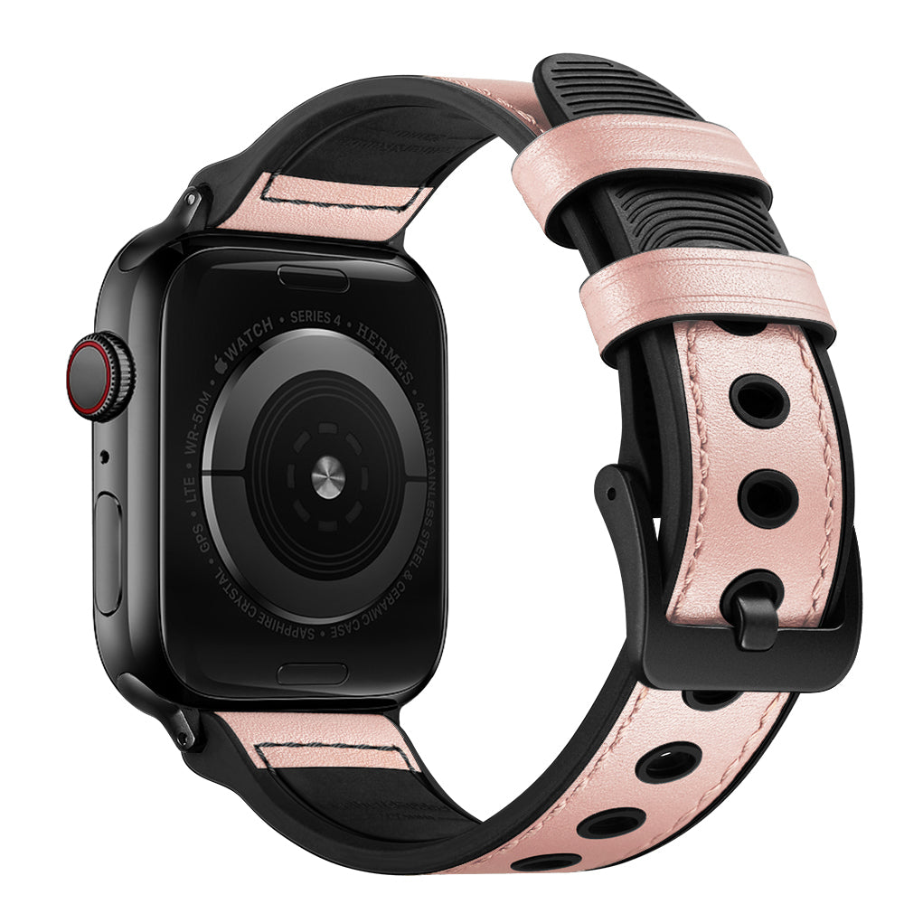 Fingerprint Silicone + Genuine Leather Watch Band for Apple Watch Series 8 41mm / Series 7 41mm / SE / SE(2022) / Series 6 / 5 / 4 40mm / Series 3 / 2 / 1 38mm - Pink