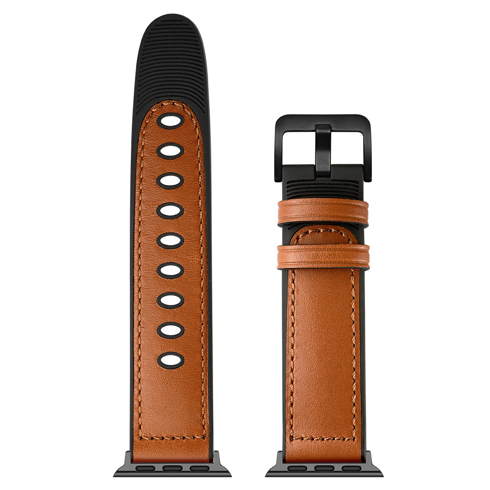 Fingerprint Silicone + Genuine Leather Watch Band for Apple Watch Series 8 41mm / Series 7 41mm / SE / SE(2022) / Series 6 / 5 / 4 40mm / Series 3 / 2 / 1 38mm - Brown