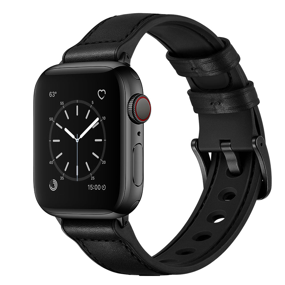 Durable Stylish Fingerprint Silicone + Genuine Leather Watch Band for Apple Watch Ultra 49mm / Series 8 45mm / 7 45mm / SE 44mm / SE (2022) 44mm / Series 6 / 5 / 4 44mm / Series 3 / 2 / 1 42mm - Black
