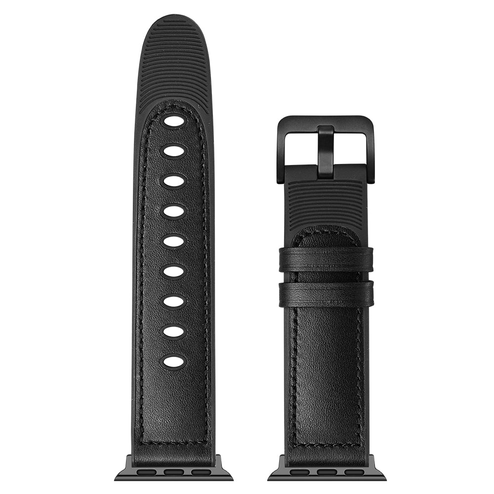 Durable Stylish Fingerprint Silicone + Genuine Leather Watch Band for Apple Watch Ultra 49mm / Series 8 45mm / 7 45mm / SE 44mm / SE (2022) 44mm / Series 6 / 5 / 4 44mm / Series 3 / 2 / 1 42mm - Black