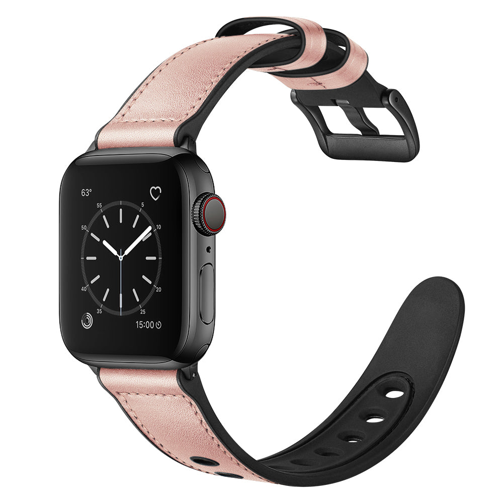 Durable Stylish Fingerprint Silicone + Genuine Leather Watch Band for Apple Watch Ultra 49mm / Series 8 45mm / 7 45mm / SE 44mm / SE (2022) 44mm / Series 6 / 5 / 4 44mm / Series 3 / 2 / 1 42mm - Pink