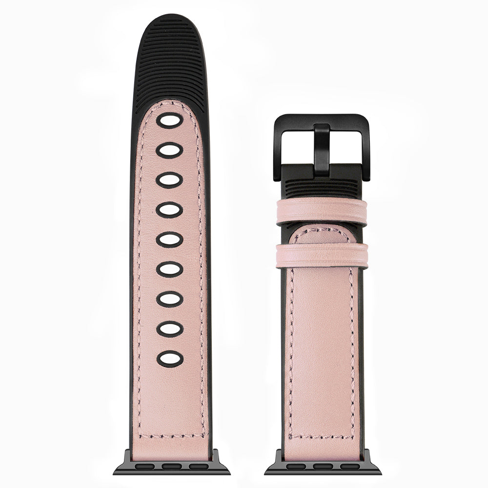 Durable Stylish Fingerprint Silicone + Genuine Leather Watch Band for Apple Watch Ultra 49mm / Series 8 45mm / 7 45mm / SE 44mm / SE (2022) 44mm / Series 6 / 5 / 4 44mm / Series 3 / 2 / 1 42mm - Pink