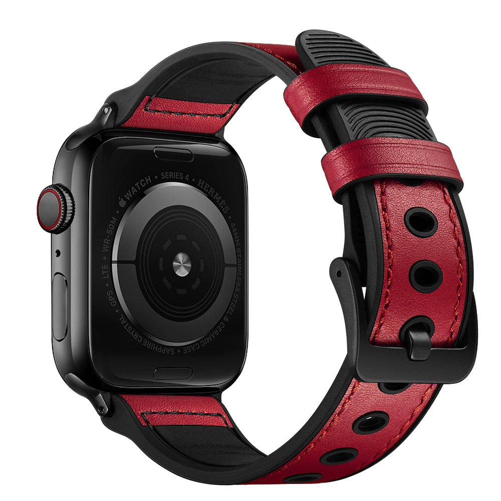 Durable Stylish Fingerprint Silicone + Genuine Leather Watch Band for Apple Watch Ultra 49mm / Series 8 45mm / 7 45mm / SE 44mm / SE (2022) 44mm / Series 6 / 5 / 4 44mm / Series 3 / 2 / 1 42mm - Red