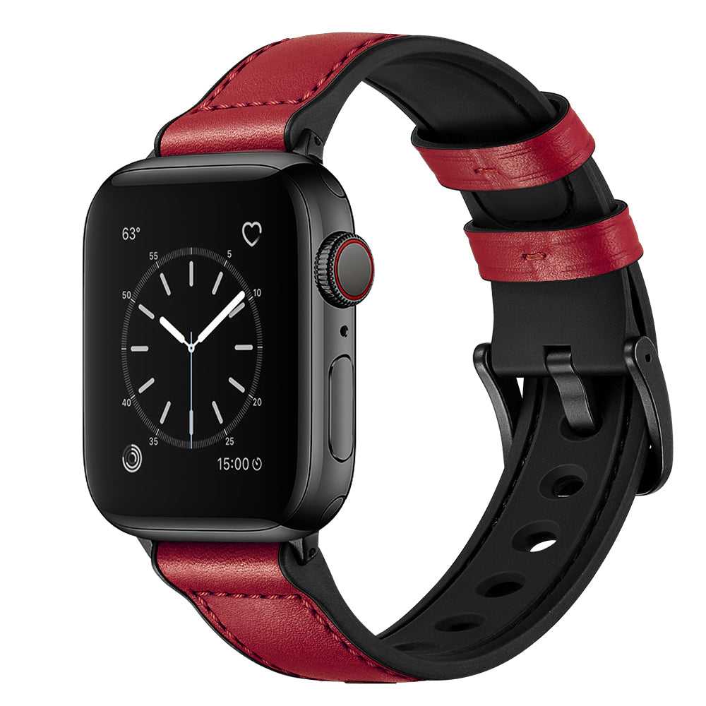 Durable Stylish Fingerprint Silicone + Genuine Leather Watch Band for Apple Watch Ultra 49mm / Series 8 45mm / 7 45mm / SE 44mm / SE (2022) 44mm / Series 6 / 5 / 4 44mm / Series 3 / 2 / 1 42mm - Red