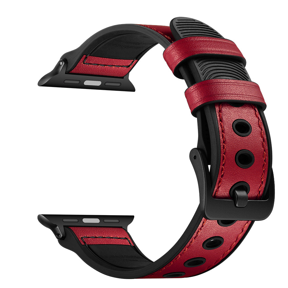 Durable Stylish Fingerprint Silicone + Genuine Leather Watch Band for Apple Watch Ultra 49mm / Series 8 45mm / 7 45mm / SE 44mm / SE (2022) 44mm / Series 6 / 5 / 4 44mm / Series 3 / 2 / 1 42mm - Red