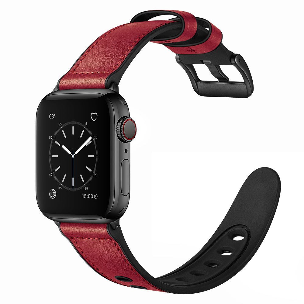 Durable Stylish Fingerprint Silicone + Genuine Leather Watch Band for Apple Watch Ultra 49mm / Series 8 45mm / 7 45mm / SE 44mm / SE (2022) 44mm / Series 6 / 5 / 4 44mm / Series 3 / 2 / 1 42mm - Red