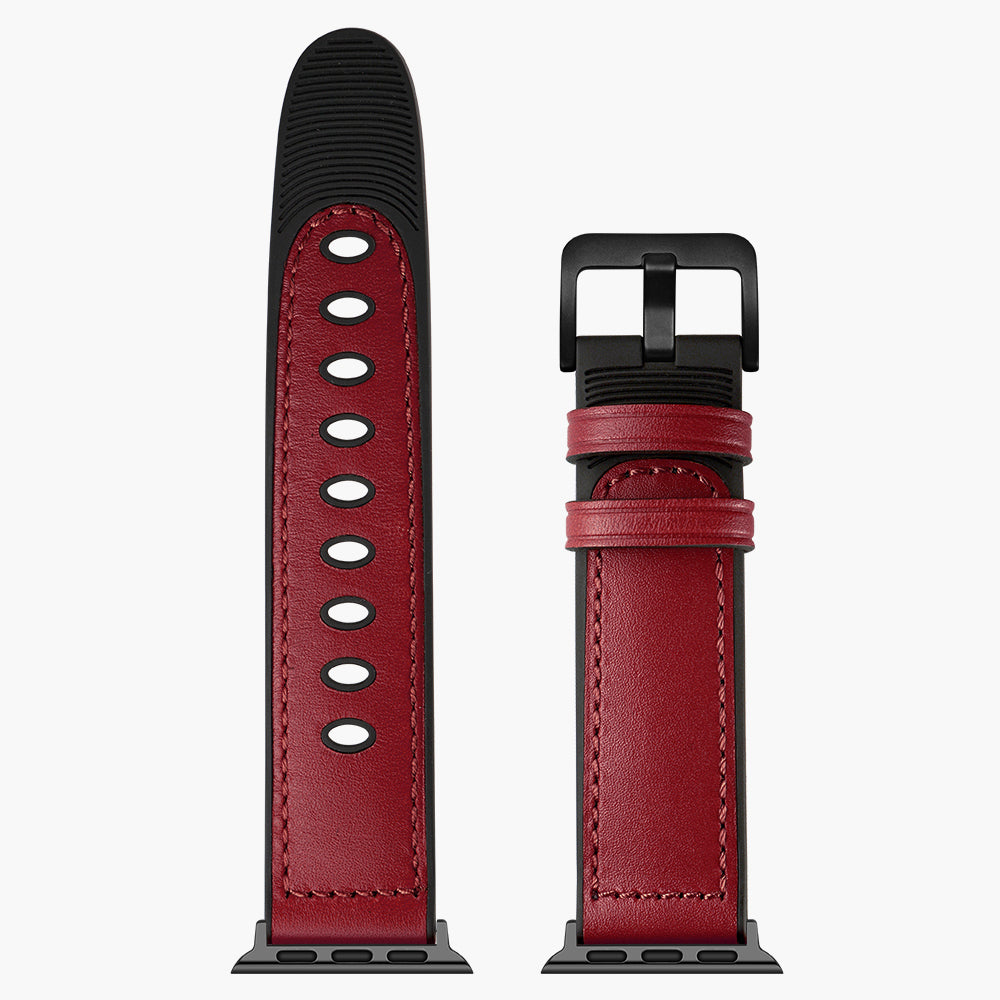 Durable Stylish Fingerprint Silicone + Genuine Leather Watch Band for Apple Watch Ultra 49mm / Series 8 45mm / 7 45mm / SE 44mm / SE (2022) 44mm / Series 6 / 5 / 4 44mm / Series 3 / 2 / 1 42mm - Red