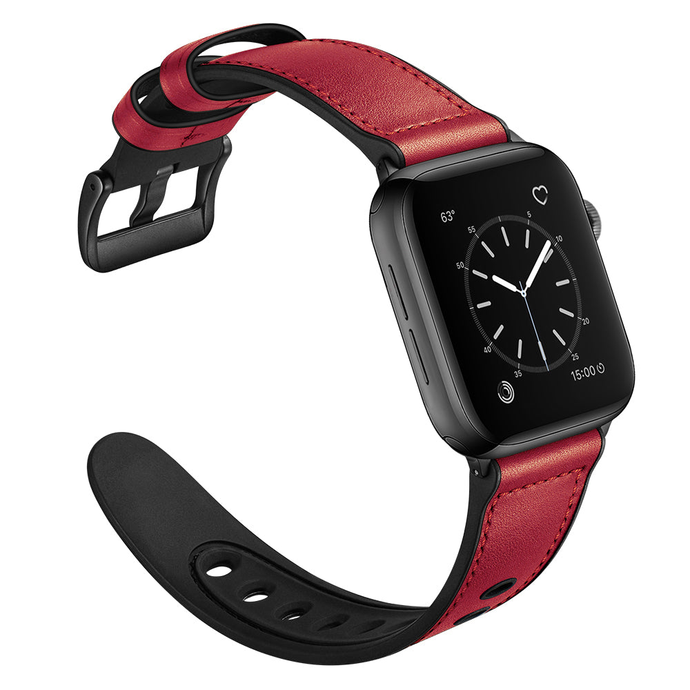 Durable Stylish Fingerprint Silicone + Genuine Leather Watch Band for Apple Watch Ultra 49mm / Series 8 45mm / 7 45mm / SE 44mm / SE (2022) 44mm / Series 6 / 5 / 4 44mm / Series 3 / 2 / 1 42mm - Red