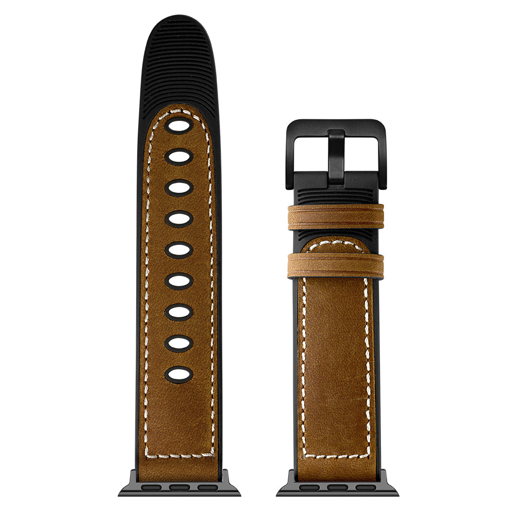 Durable Stylish Fingerprint Silicone + Genuine Leather Watch Band for Apple Watch Ultra 49mm / Series 8 45mm / 7 45mm / SE 44mm / SE (2022) 44mm / Series 6 / 5 / 4 44mm / Series 3 / 2 / 1 42mm - Dark Brown