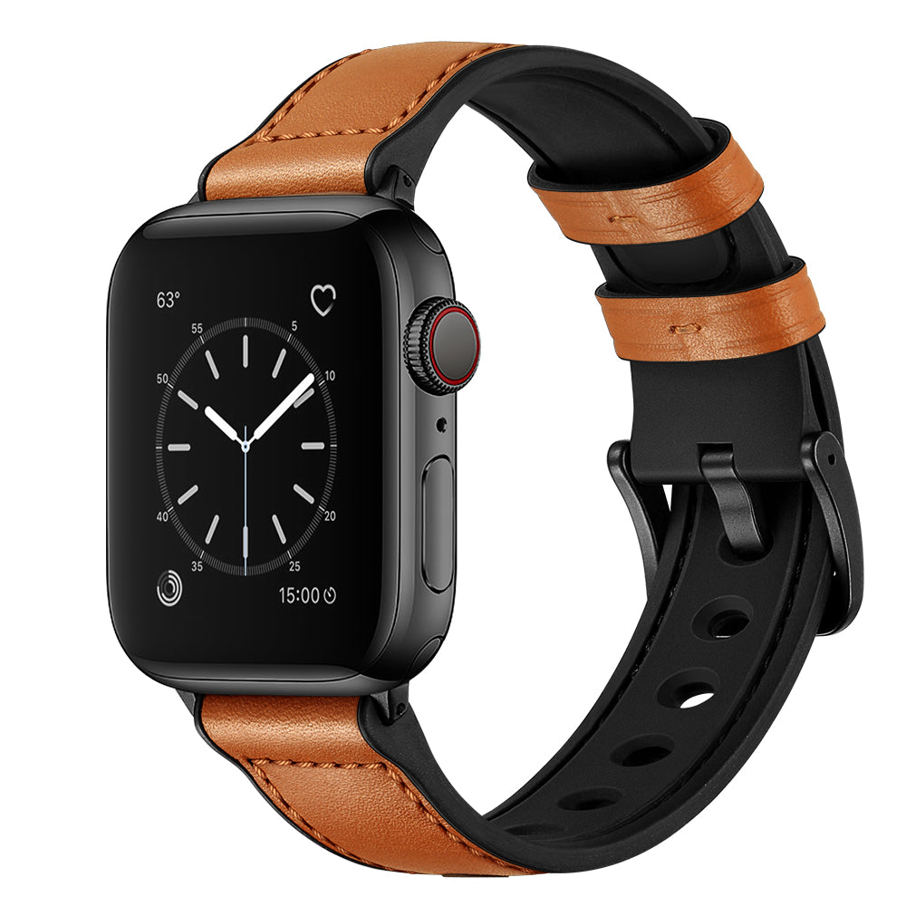 Durable Stylish Fingerprint Silicone + Genuine Leather Watch Band for Apple Watch Ultra 49mm / Series 8 45mm / 7 45mm / SE 44mm / SE (2022) 44mm / Series 6 / 5 / 4 44mm / Series 3 / 2 / 1 42mm - Brown