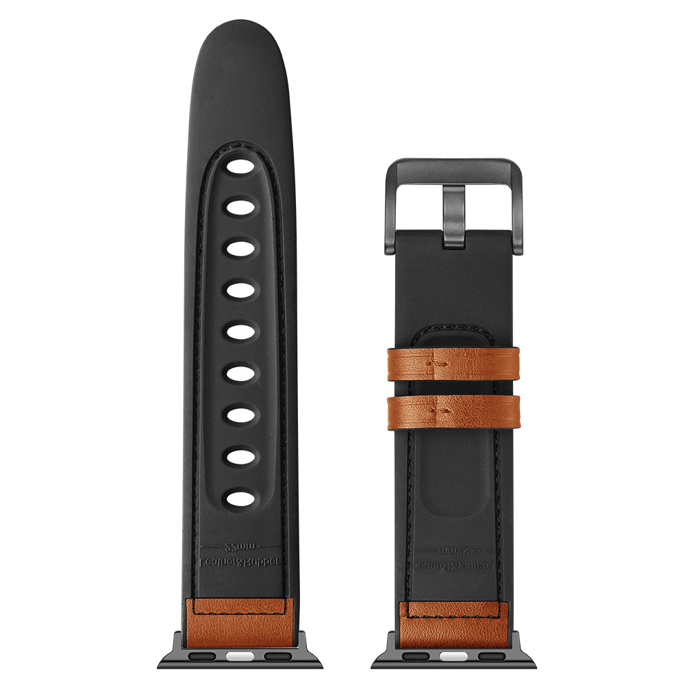 Durable Stylish Fingerprint Silicone + Genuine Leather Watch Band for Apple Watch Ultra 49mm / Series 8 45mm / 7 45mm / SE 44mm / SE (2022) 44mm / Series 6 / 5 / 4 44mm / Series 3 / 2 / 1 42mm - Brown