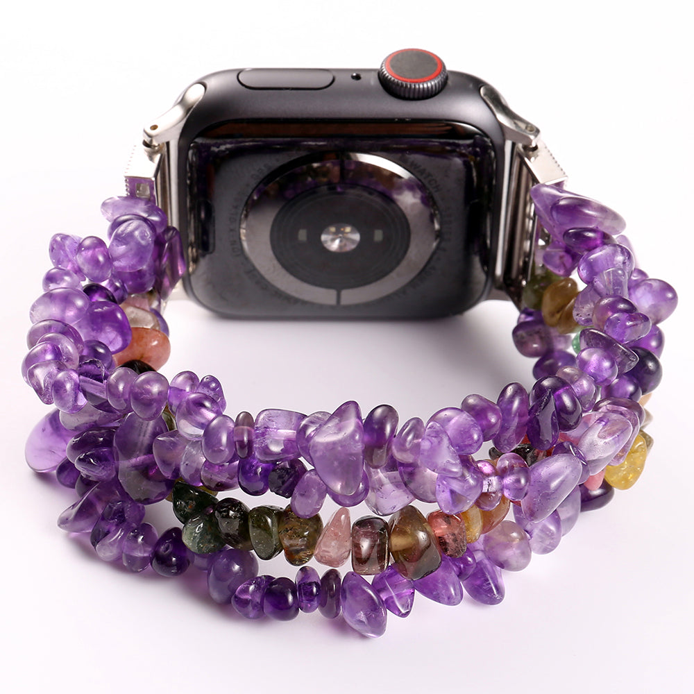 Four Rows Natural Stones Smart Watch Strap Band Replacement for Apple Watch Ultra 49mm / Series 8 45mm / 7 45mm / SE 44mm / SE (2022) 44mm / Series 6 / 5 / 4 44mm / Series 3 / 2 / 1 42mm - Purple